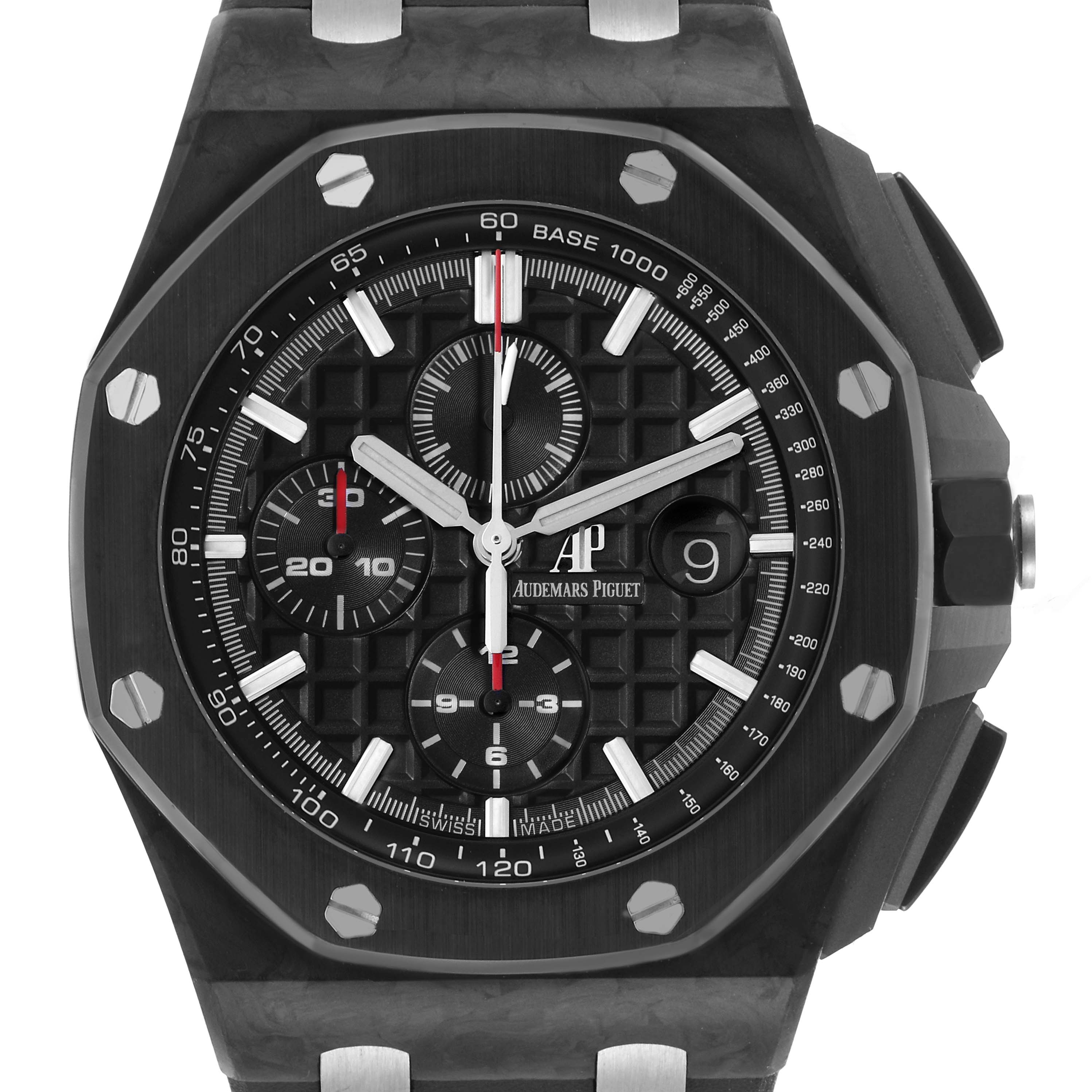 The image shows a frontal view of the Audemars Piguet Royal Oak watch, highlighting its octagonal bezel and dial.