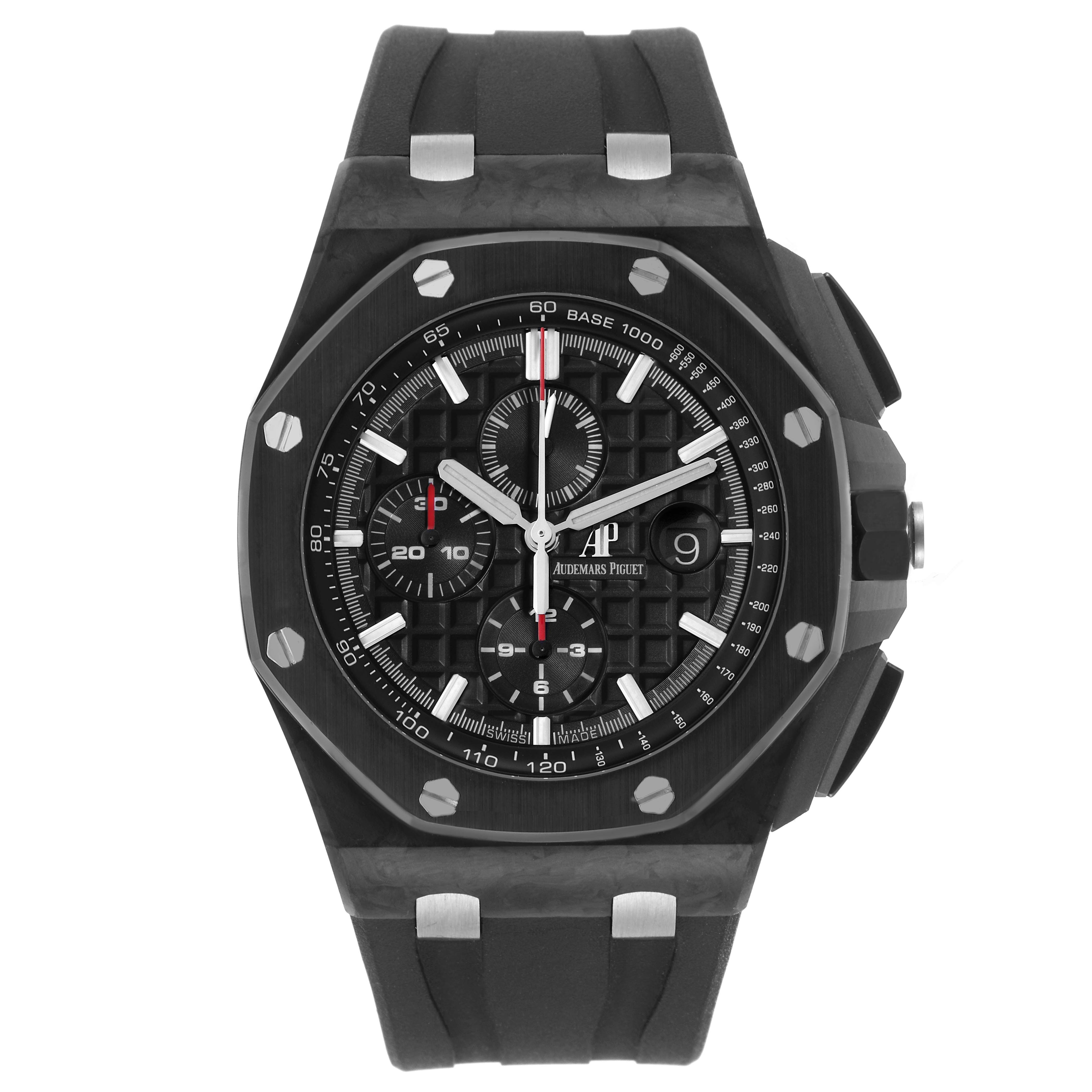 The image shows the Audemars Piguet Royal Oak watch from a frontal angle, highlighting its face, bezel, and strap.