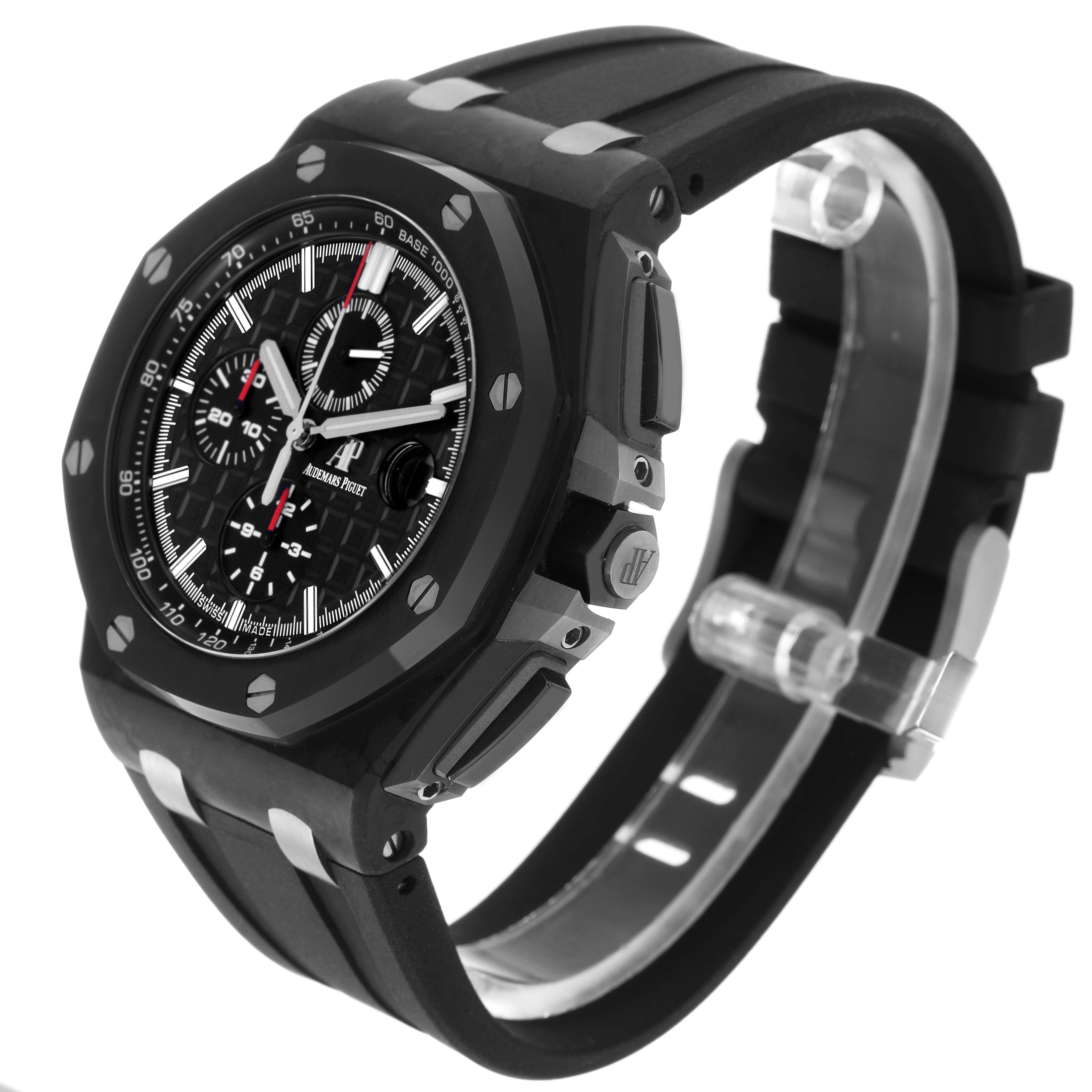 The Audemars Piguet Royal Oak watch is shown at a three-quarter angle, displaying the face, bezel, side buttons, and part of the strap.