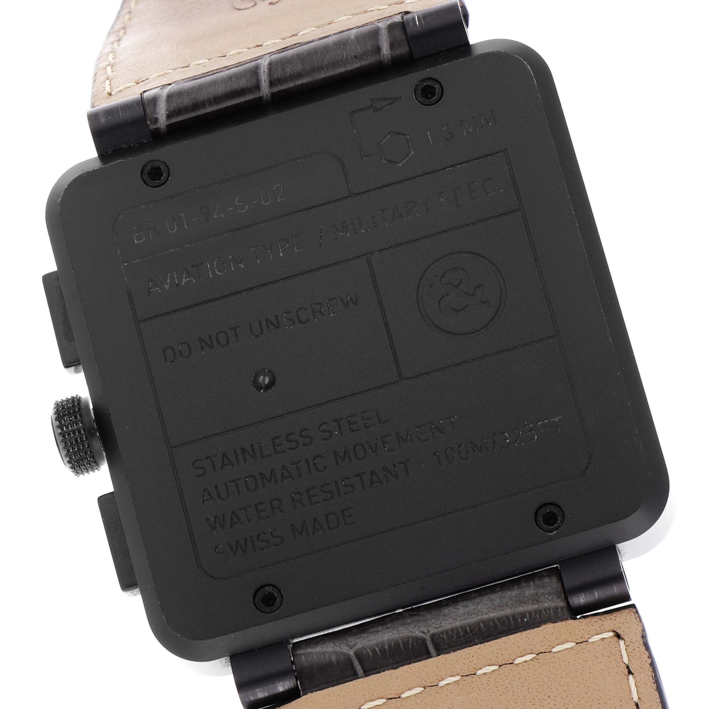 The image shows the back case of a Bell & Ross Chronograph model watch, highlighting details like material and water resistance.