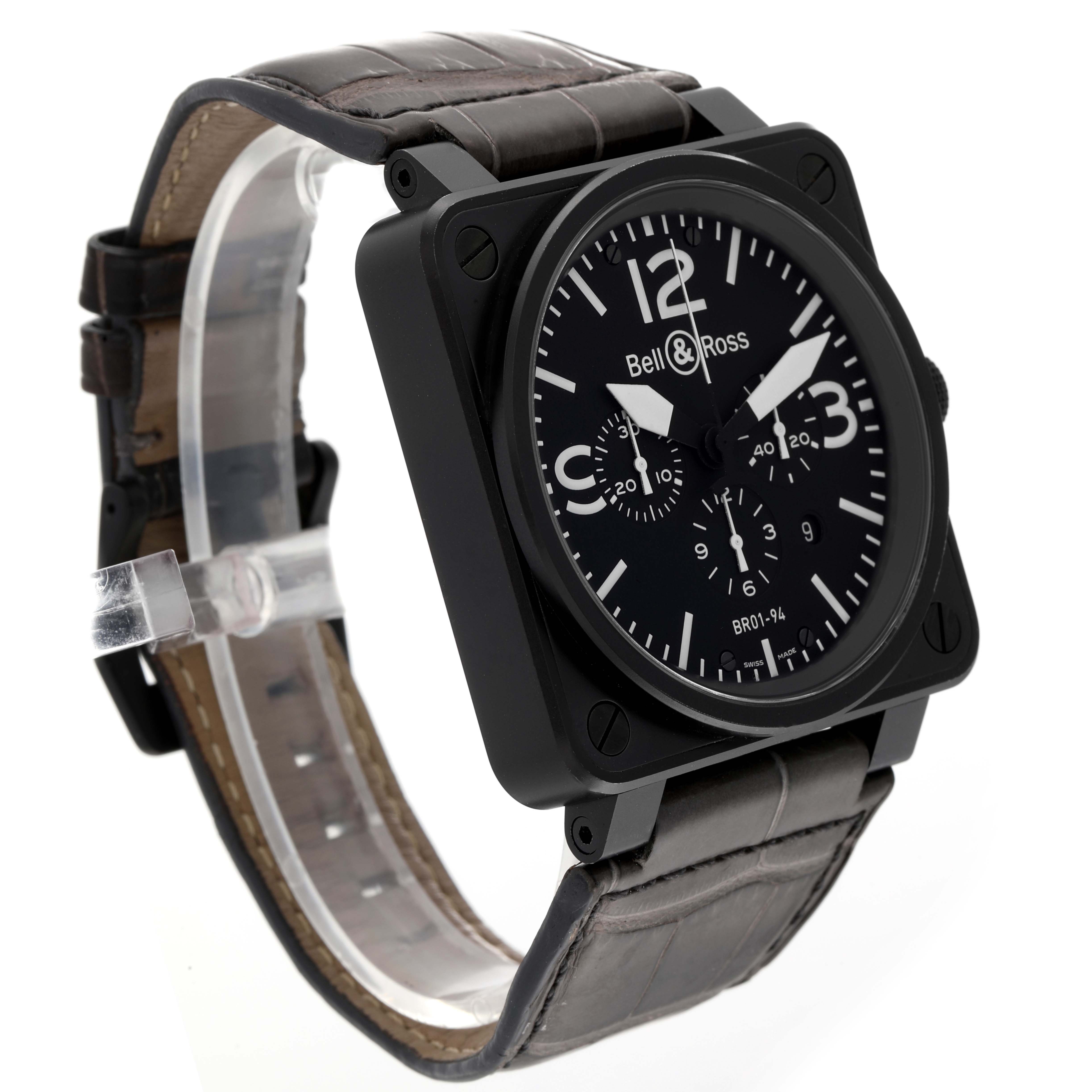 The Bell & Ross Chronograph model is shown at an angled side view, displaying its face, bezel, and strap.