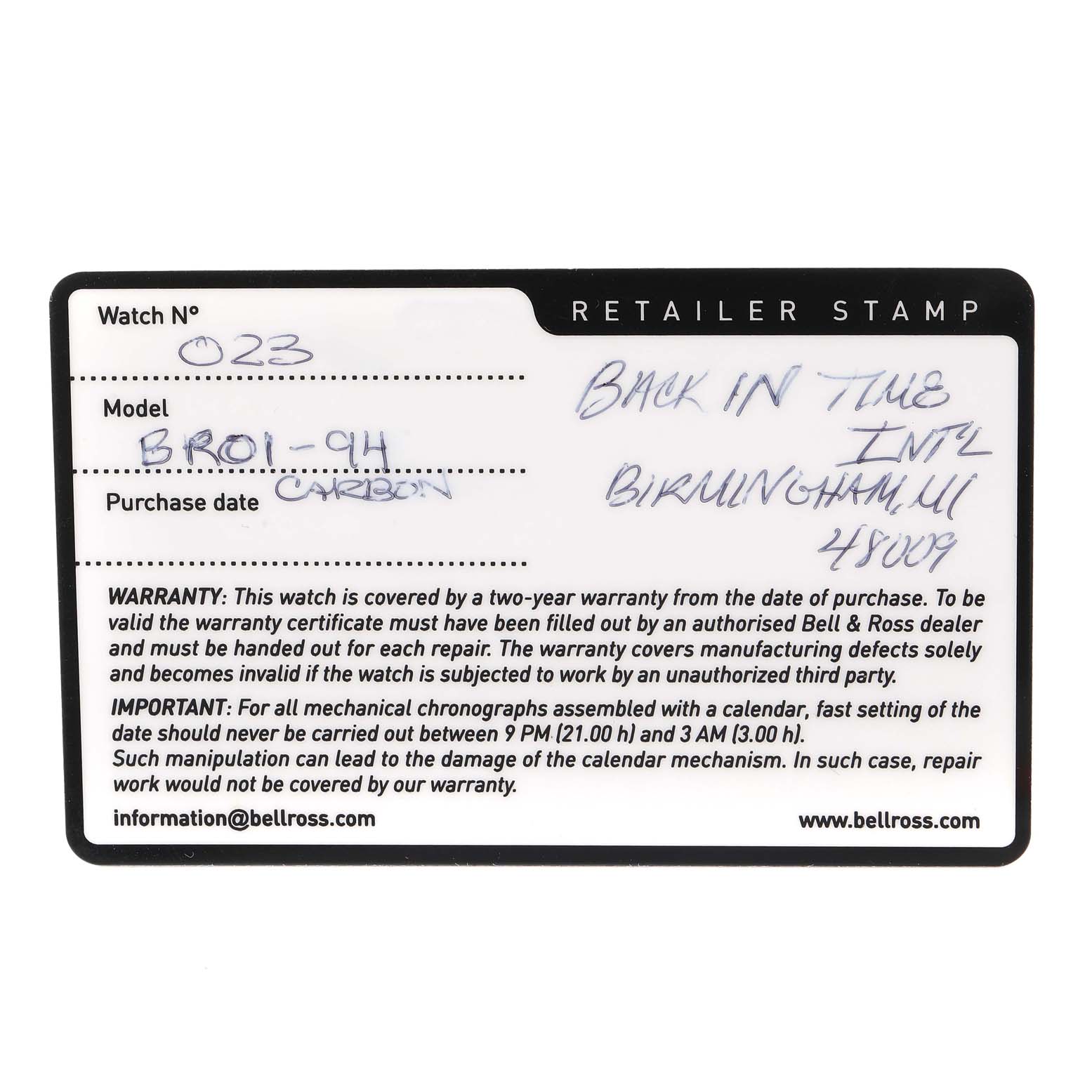 The image shows the warranty card of a Bell & Ross Chronograph model BR01-94H.