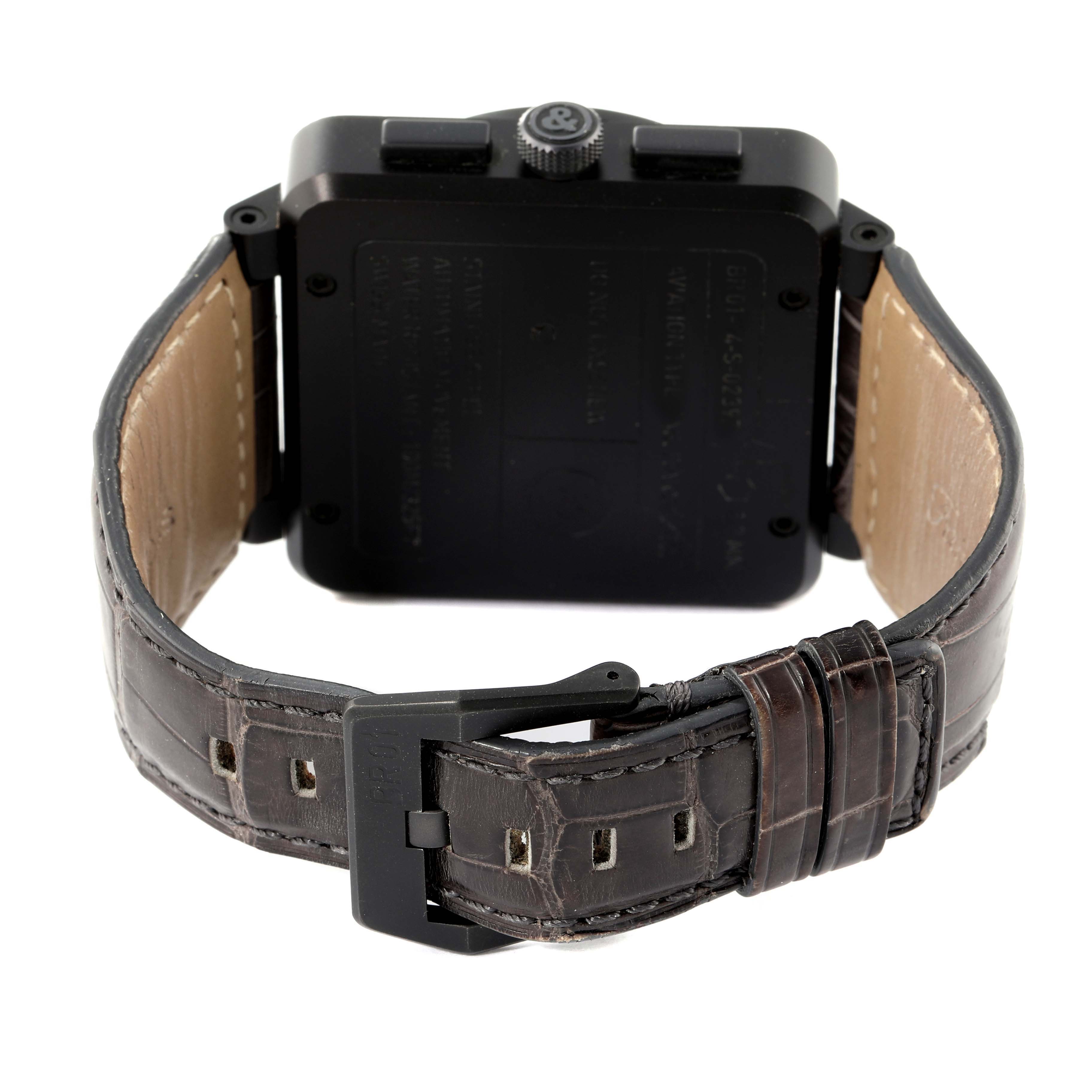 The image shows the back view of a Bell & Ross Chronograph watch, highlighting its leather strap and buckle.