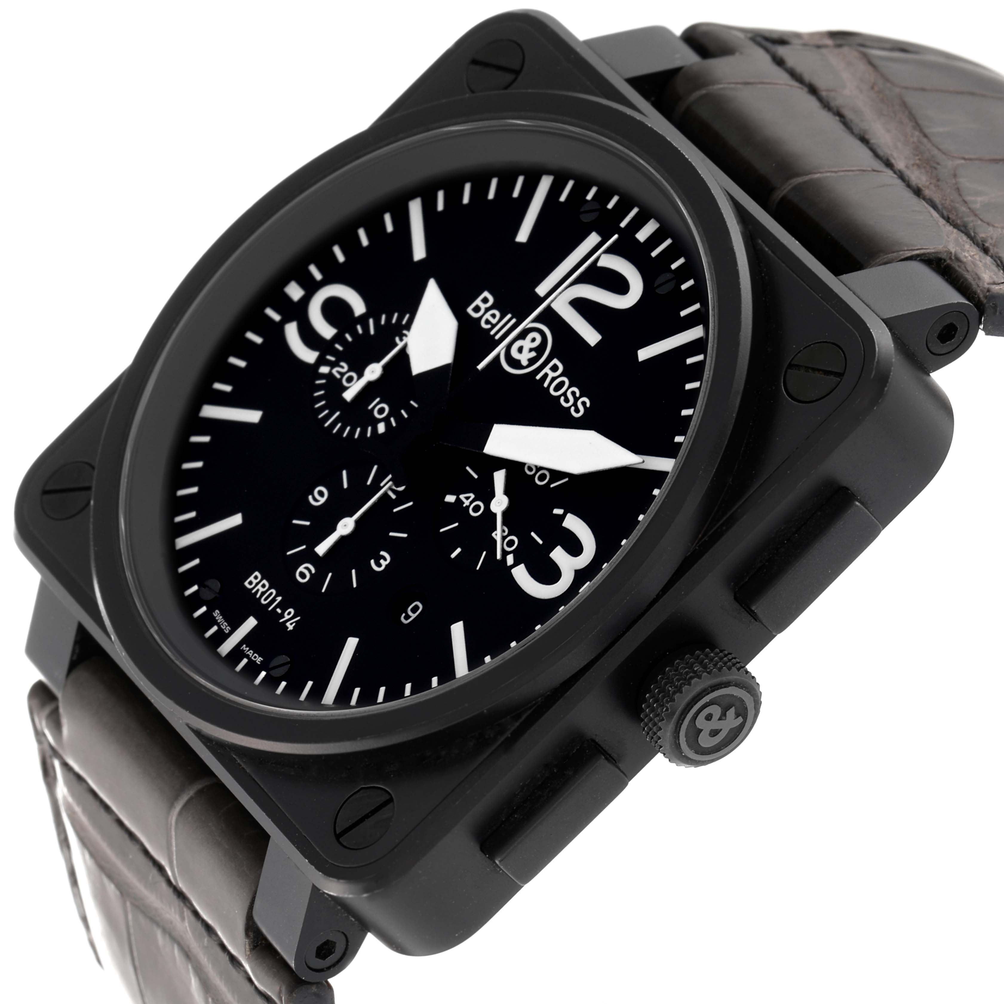 This image shows a Bell & Ross BR01-94 Chronograph watch, angled to display the face, crown, and strap.