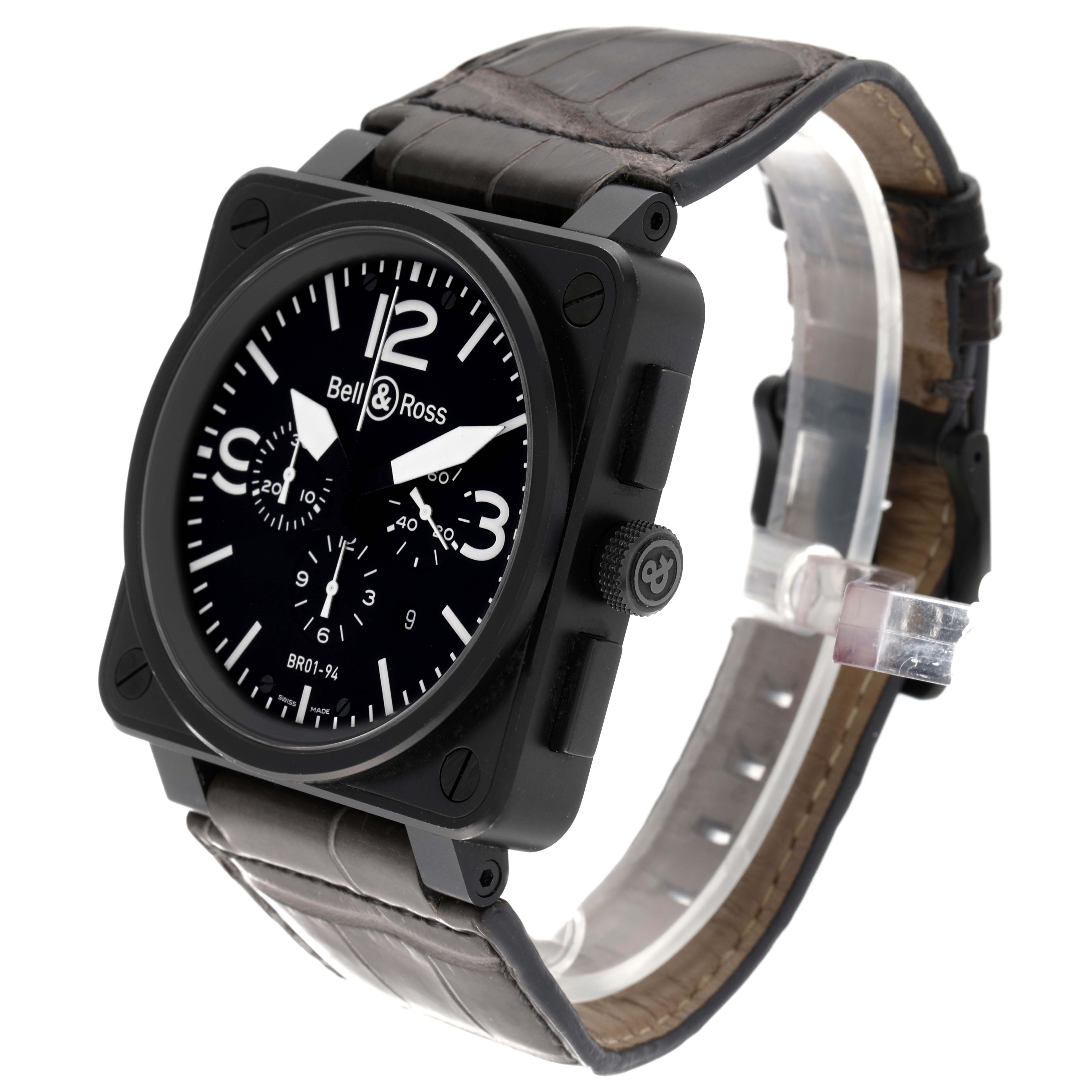 This image shows a Bell & Ross Chronograph model watch from a front-side angle, highlighting its face and strap.