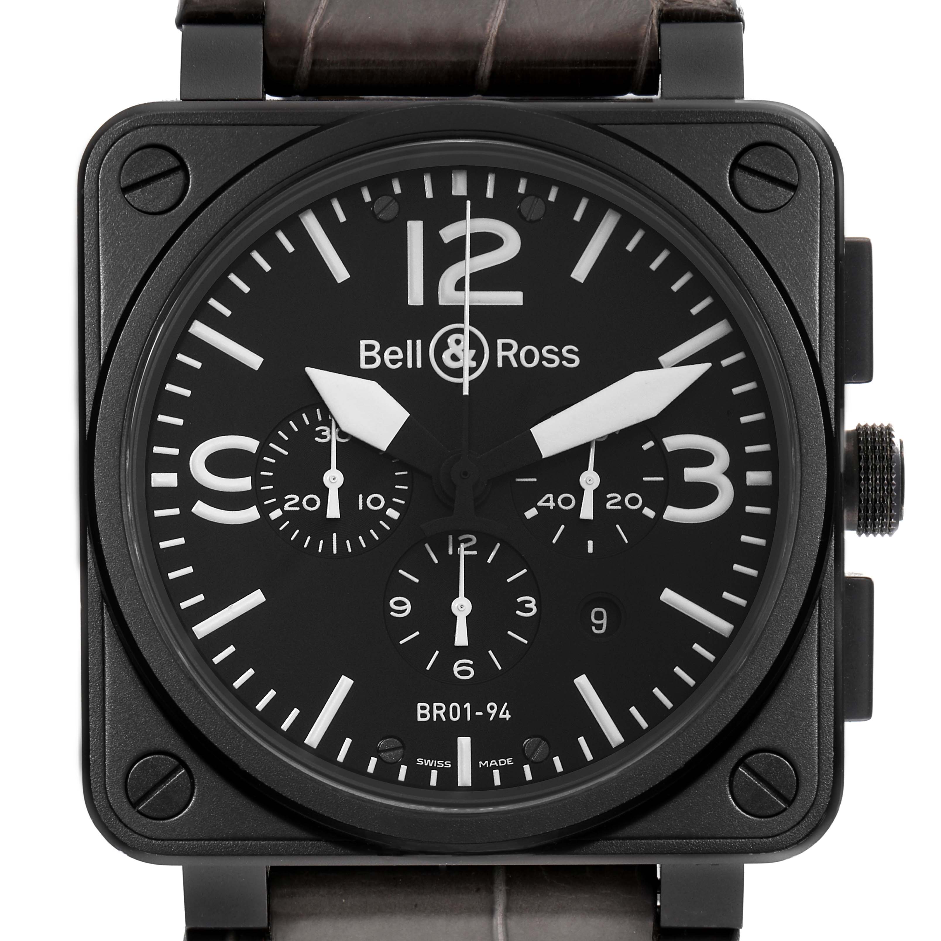 This image shows a front view of the Bell & Ross Instruments BR01-94 Men's Stainless Steel Black Dial BR01-94 Men's Stainless Steel Black Dial BR01-94 watch, highlighting the dial, case, hands, and chronograph subdials.