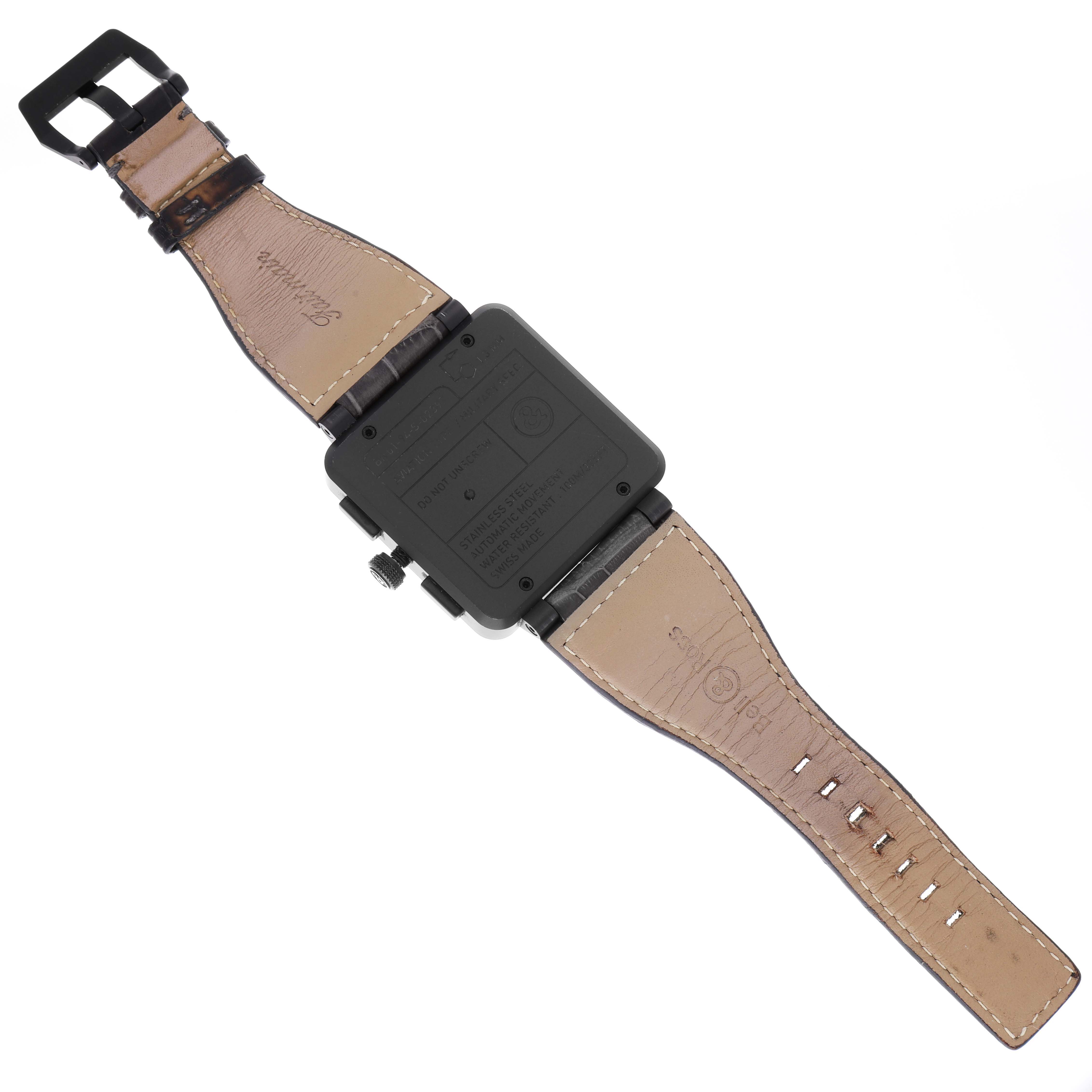 This image shows the back and strap of a Bell & Ross Chronograph watch laid flat.