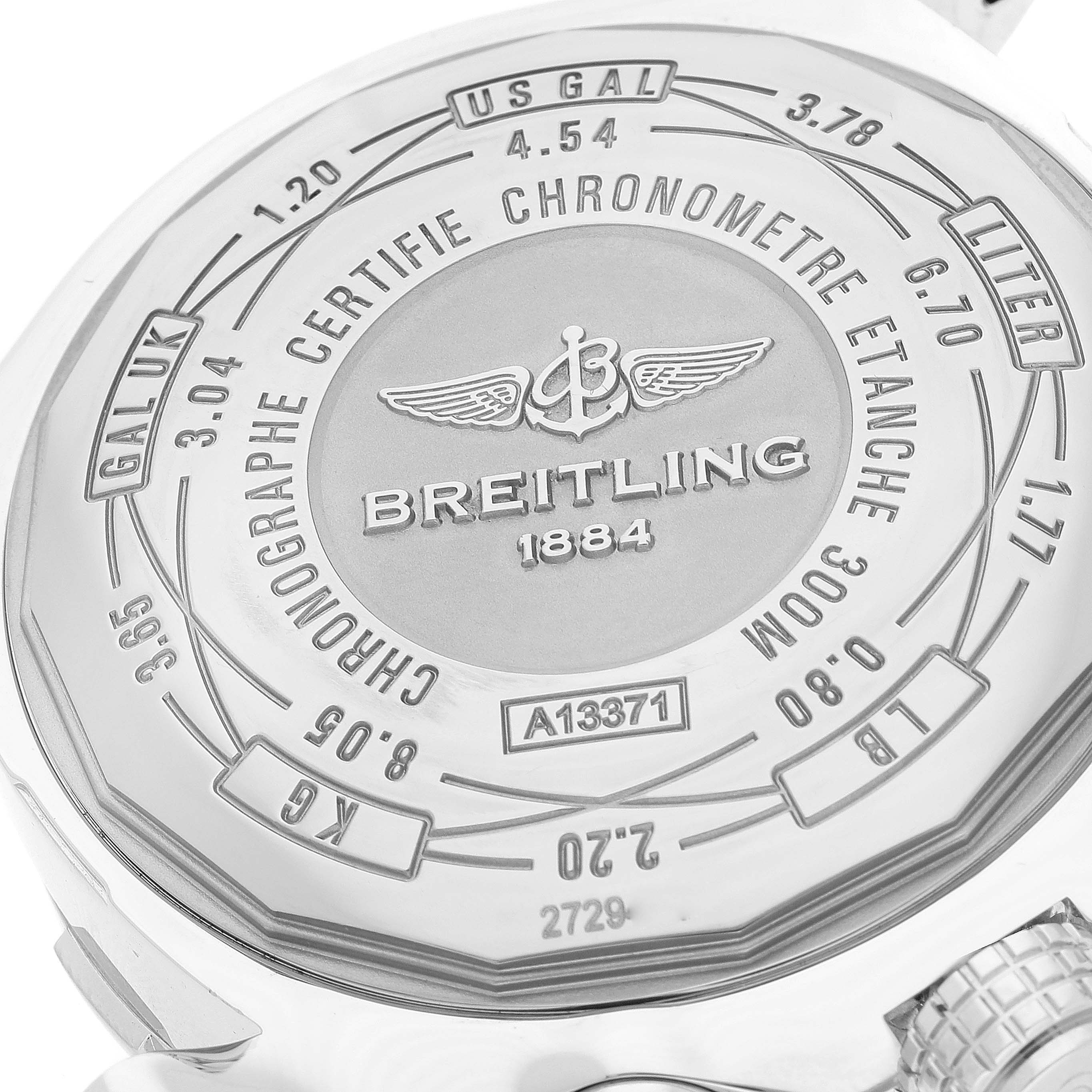 This image shows the case back of a Breitling Avenger A13371 Men's Stainless Steel Black Dial A13371 Men's Stainless Steel Black Dial watch, featuring engraved specifications and brand details.