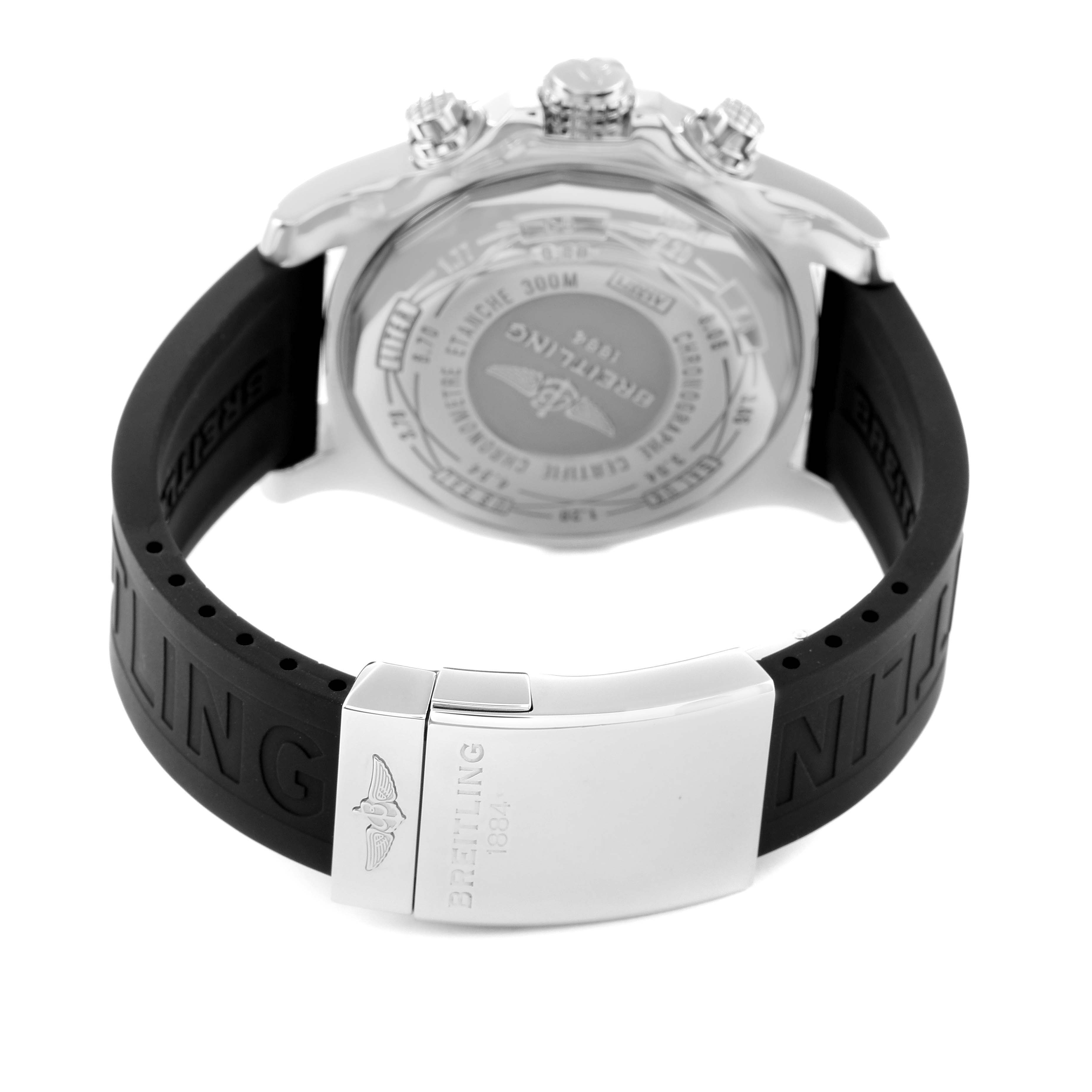 The image shows the back case and clasp of a Breitling Avenger A13371 Men's Stainless Steel Black Dial A13371 Men's Stainless Steel Black Dial watch, highlighting the black rubber strap and engraved details.