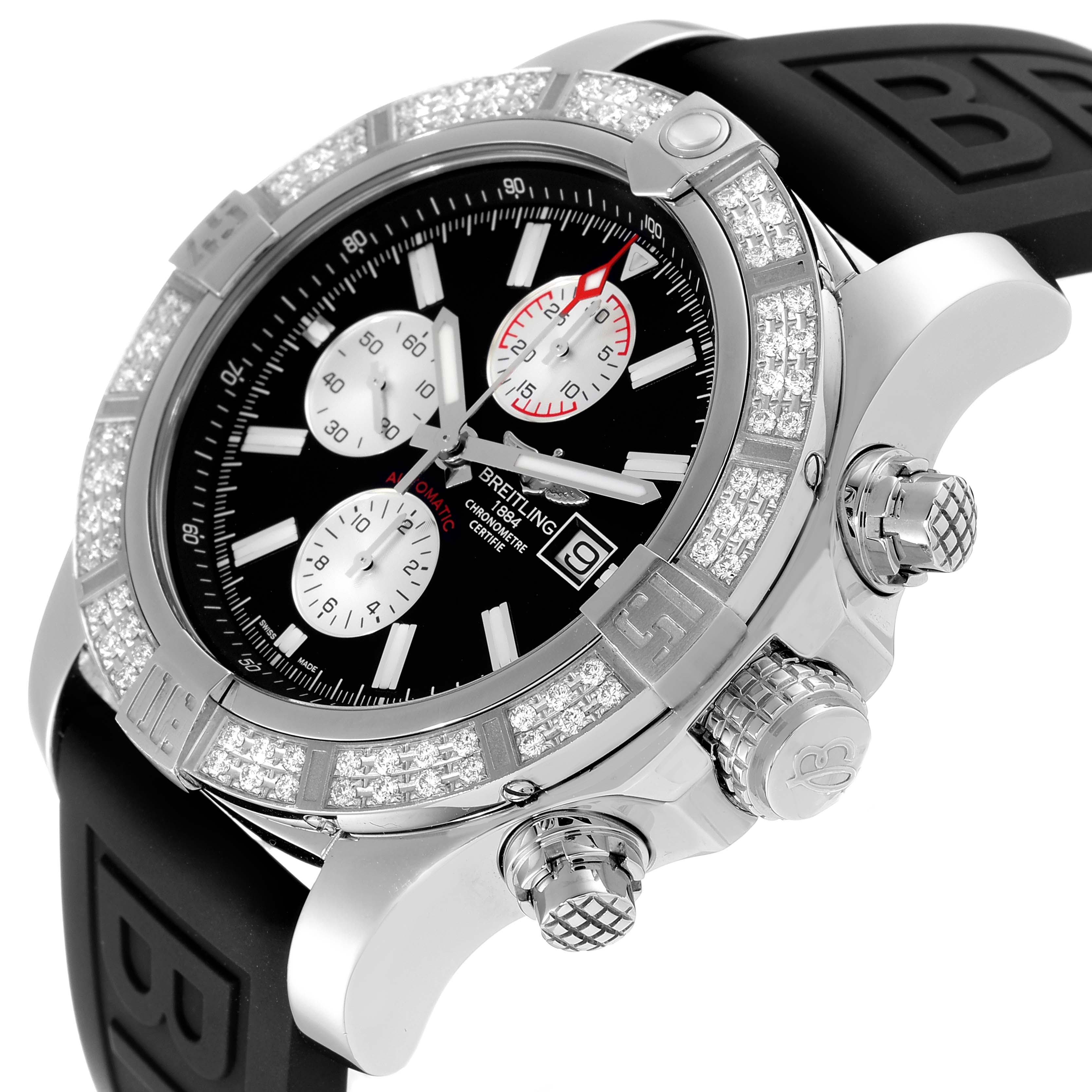 The image shows a side angle of the Breitling Avenger A13371 Men's Stainless Steel Black Dial A13371 Men's Stainless Steel Black Dial watch, highlighting the dial, bezel, and chronograph pushers.