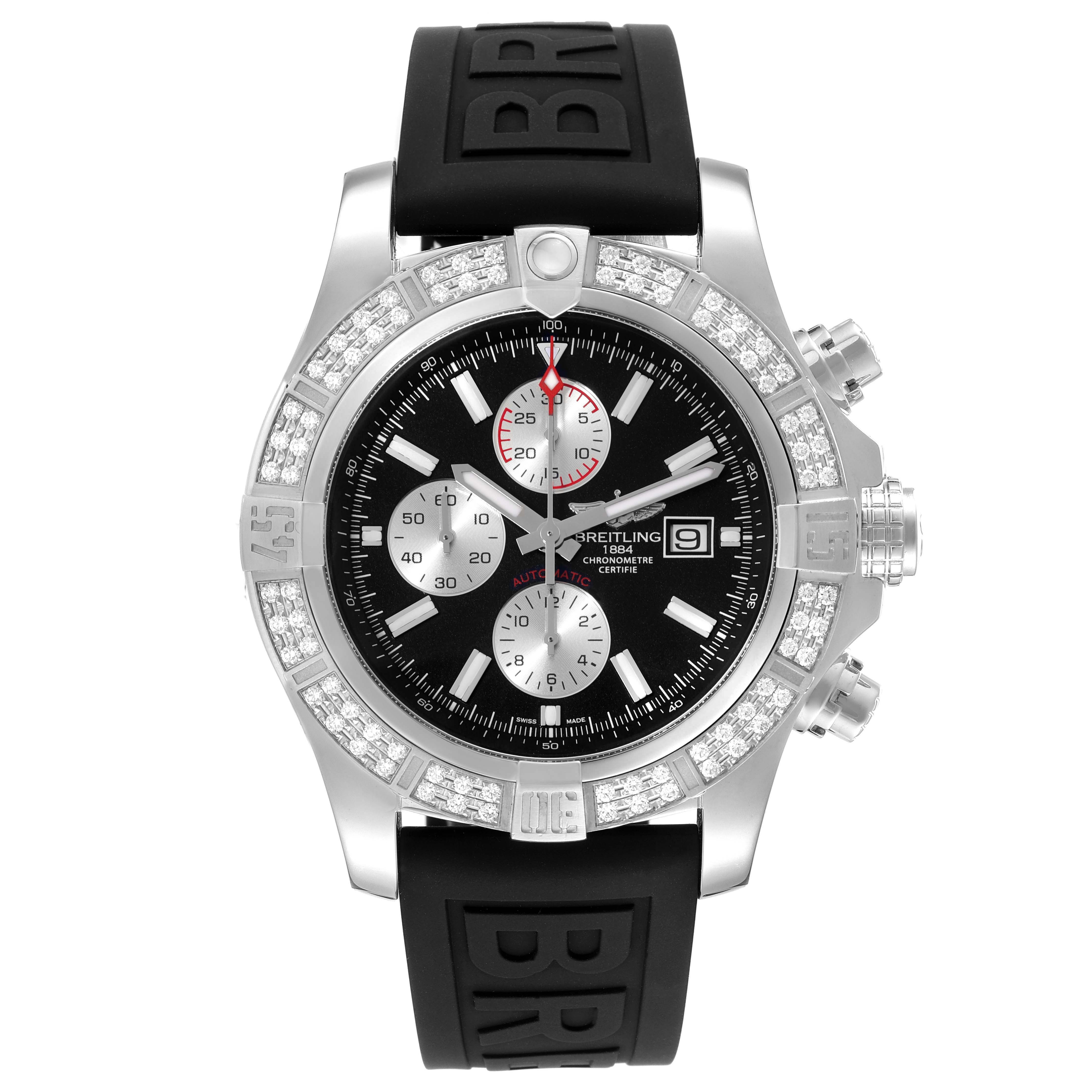 The Breitling Avenger A13371 Men's Stainless Steel Black Dial A13371 Men's Stainless Steel Black Dial watch is shown from the front angle, displaying the dial, bezel, and rubber strap.