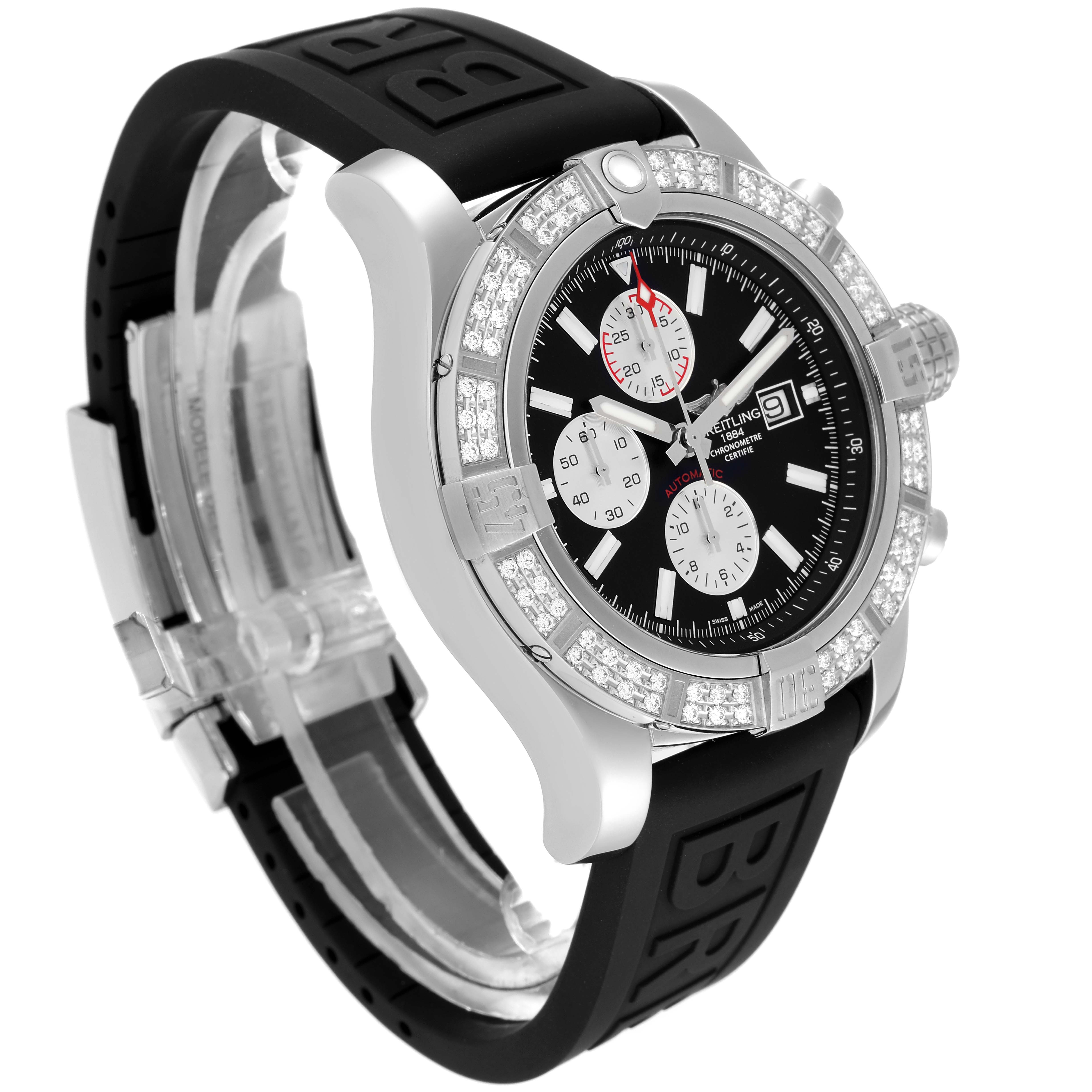 The Breitling Avenger A13371 Men's Stainless Steel Black Dial A13371 Men's Stainless Steel Black Dial watch is shown from an angled side view, highlighting its face, bezel, and black strap.