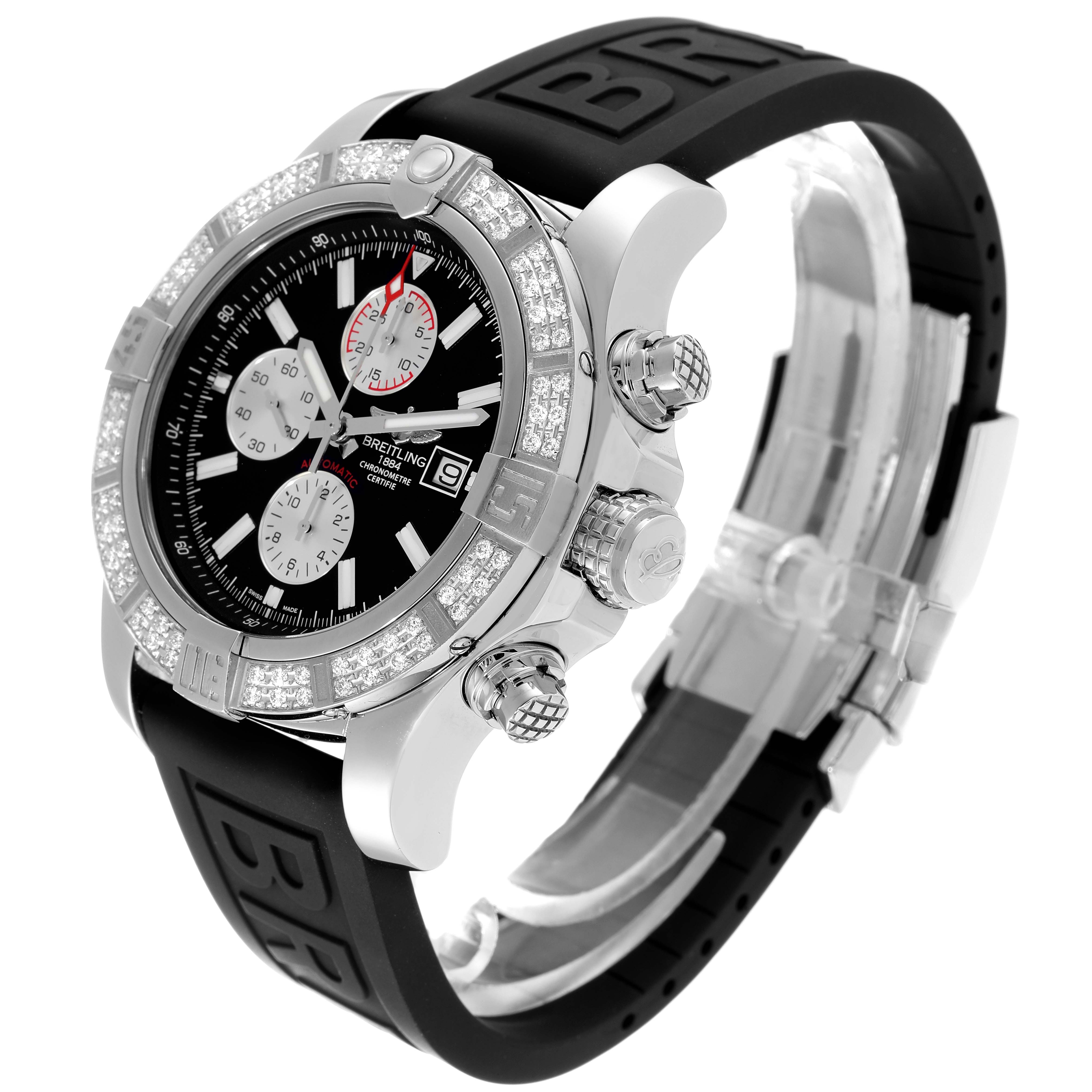 A Breitling Avenger A13371 Men's Stainless Steel Black Dial A13371 Men's Stainless Steel Black Dial watch is shown at a front-left angle, highlighting its bezel, chronograph dials, and rubber strap.