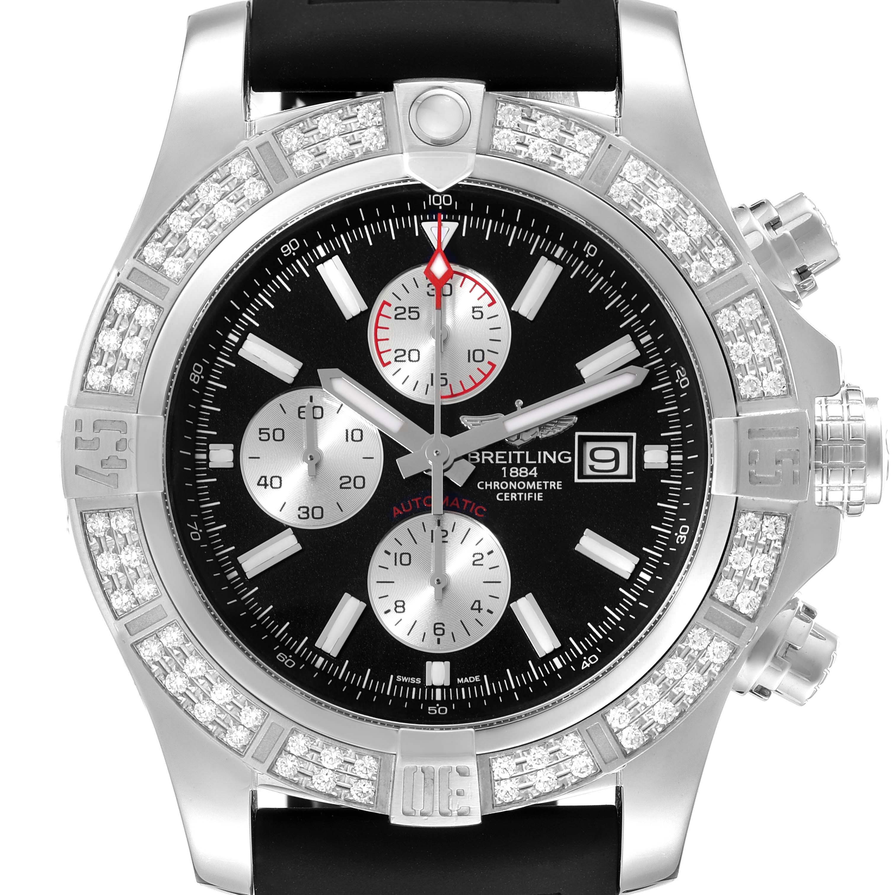 The image shows a front angle of the Breitling Avenger A13371 Men's Stainless Steel Black Dial A13371 Men's Stainless Steel Black Dial watch, highlighting its black dial, chronograph subdials, and diamond-set bezel.