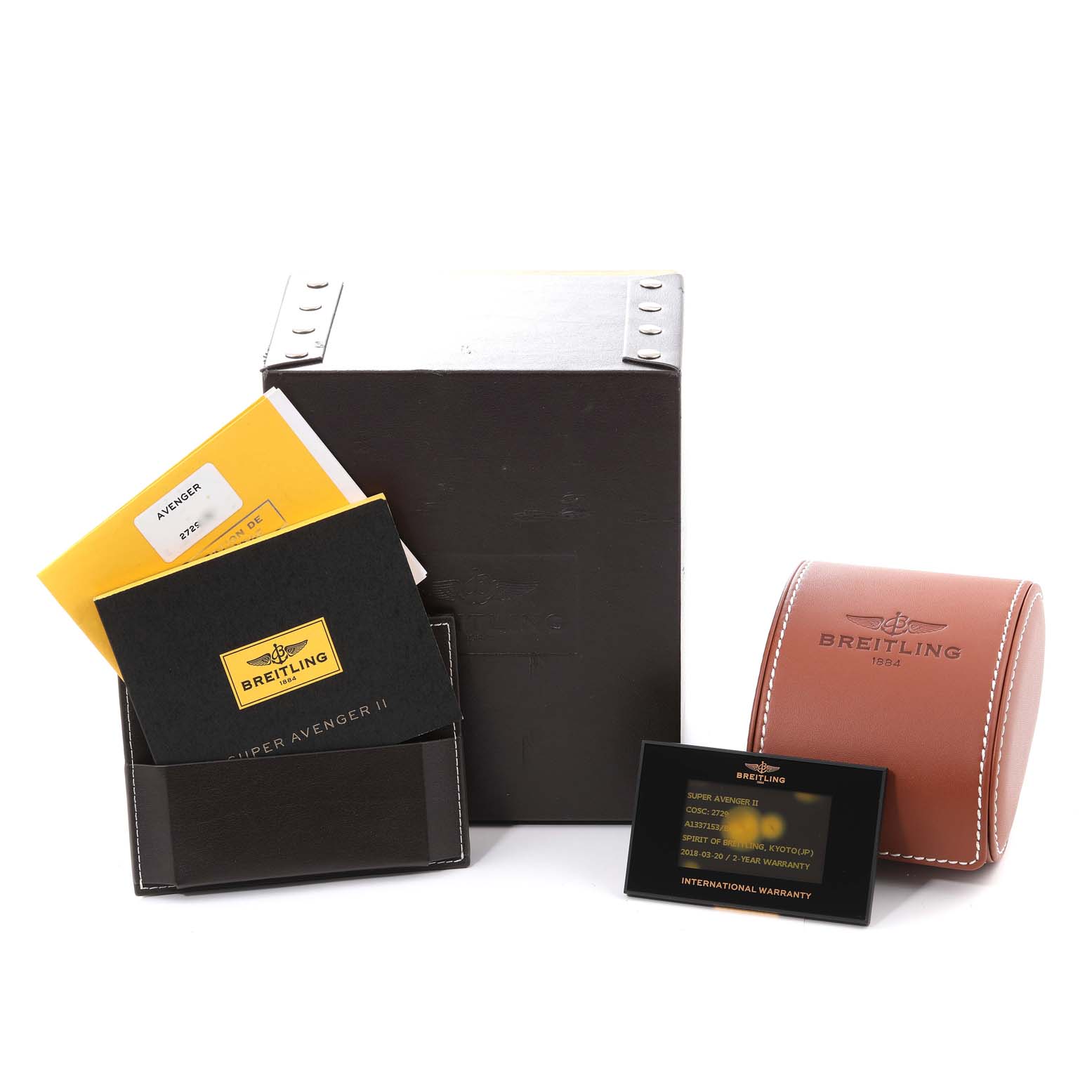 The image shows a Breitling Avenger A13371 Men's Stainless Steel Black Dial A13371 Men's Stainless Steel Black Dial watch box, documentation, warranty card, and a travel case from a front angle.