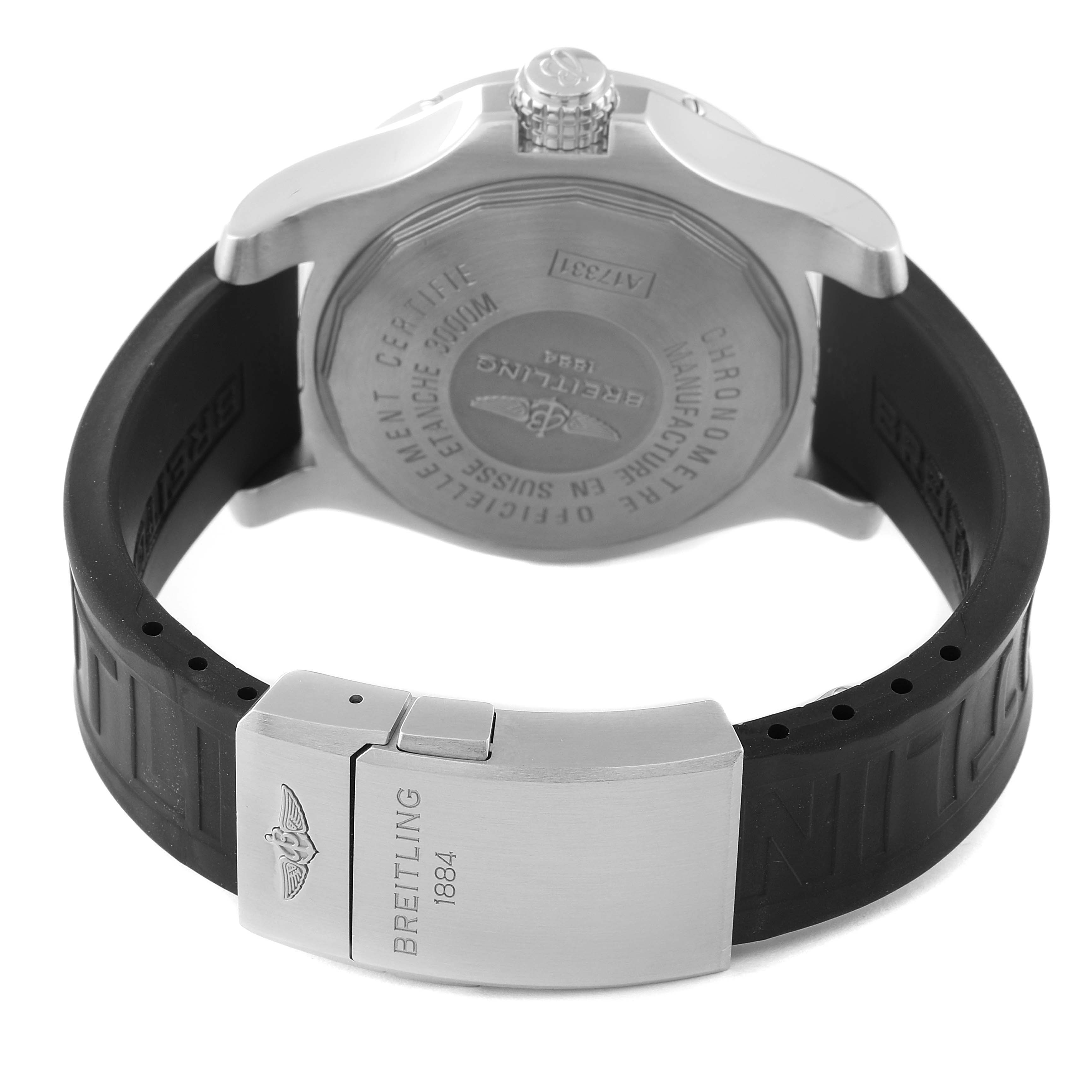 This image shows the back of a Breitling Avenger A17331 Men's Stainless Steel Yellow Dial A17331 Men's Stainless Steel Yellow Dial watch, focusing on the case back and the underside of the black rubber strap.