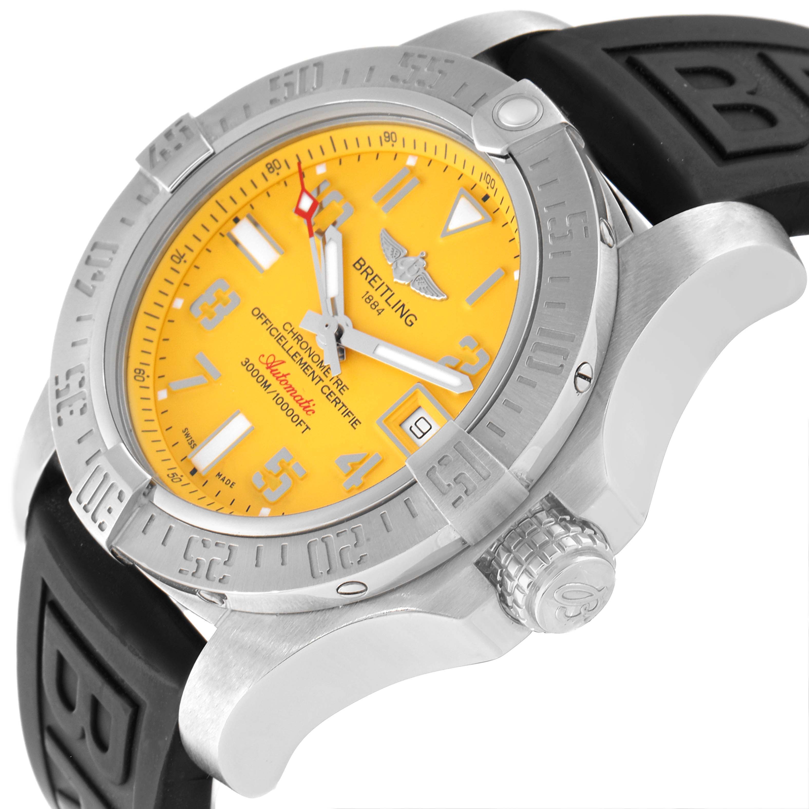 This image shows a Breitling Avenger A17331 Men's Stainless Steel Yellow Dial A17331 Men's Stainless Steel Yellow Dial watch from an angle showcasing its yellow dial, stainless steel bezel, crown, and black strap.
