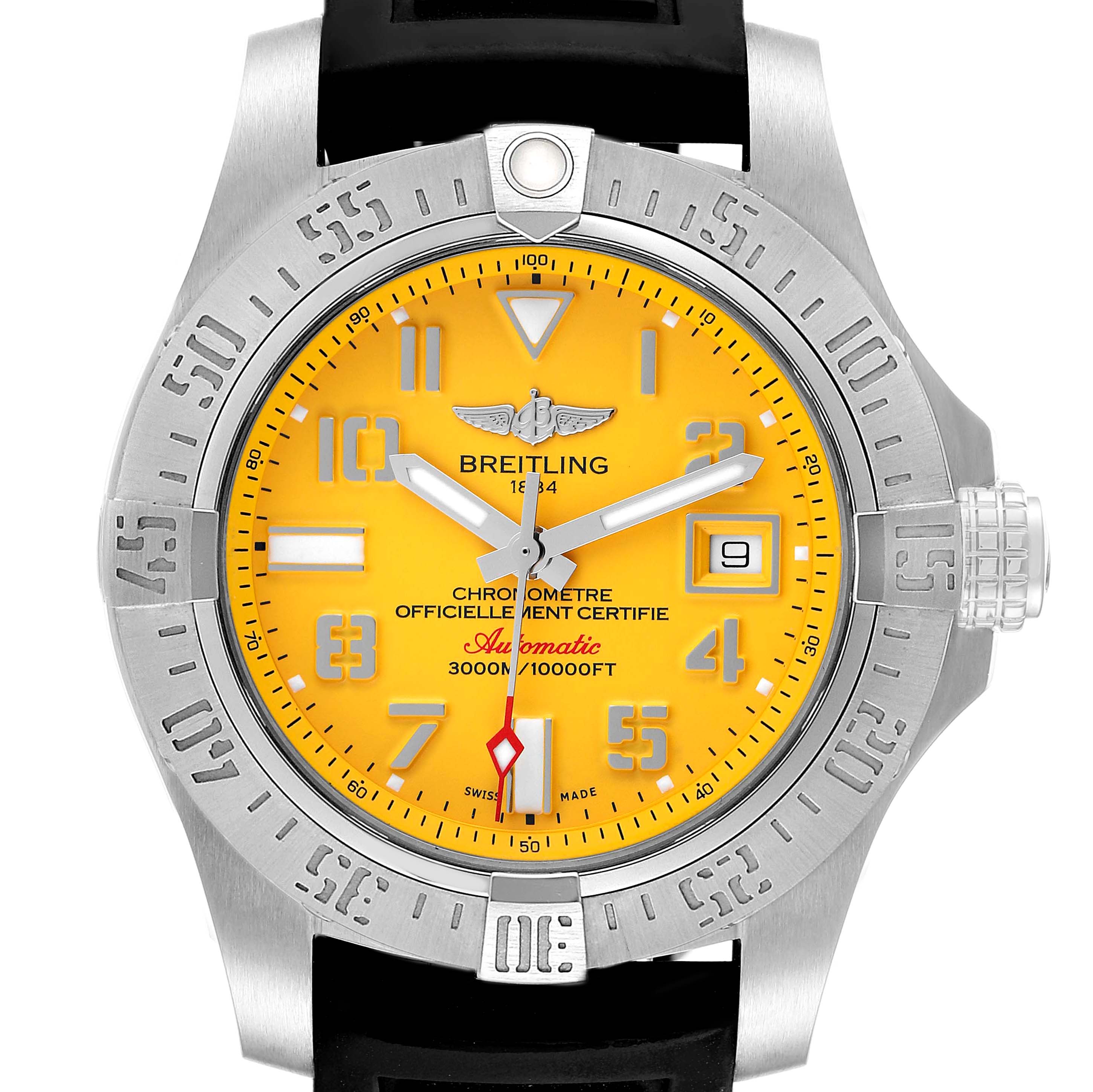 The image displays a front view of a Breitling Avenger A17331 Men's Stainless Steel Yellow Dial A17331 Men's Stainless Steel Yellow Dial watch showcasing its yellow dial, hands, date window, and bezel.