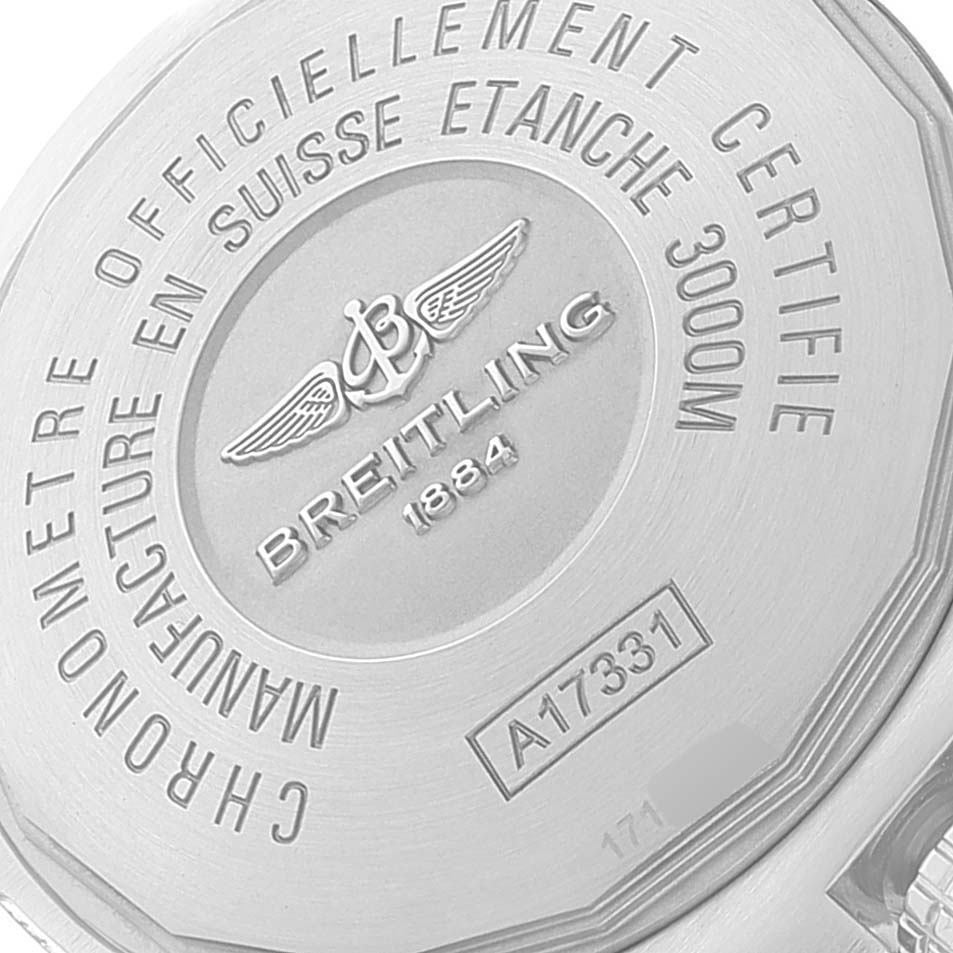 The image shows the back case detailing of a Breitling Avenger A17331 Men's Stainless Steel Yellow Dial A17331 Men's Stainless Steel Yellow Dial watch with model information and engravings.