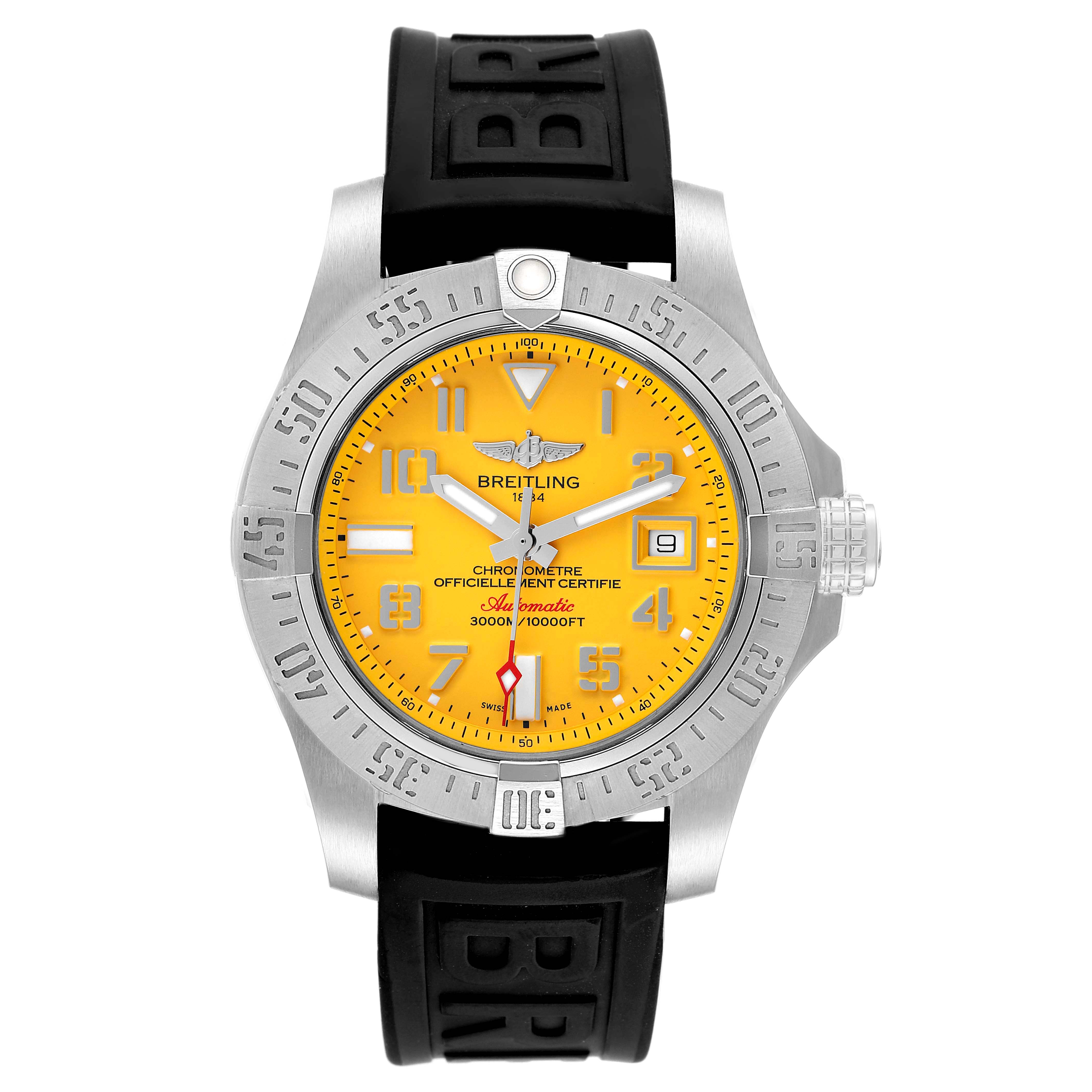 The image shows a front view of a Breitling Avenger A17331 Men's Stainless Steel Yellow Dial A17331 Men's Stainless Steel Yellow Dial watch, featuring its yellow dial, metal bezel, and black rubber strap.