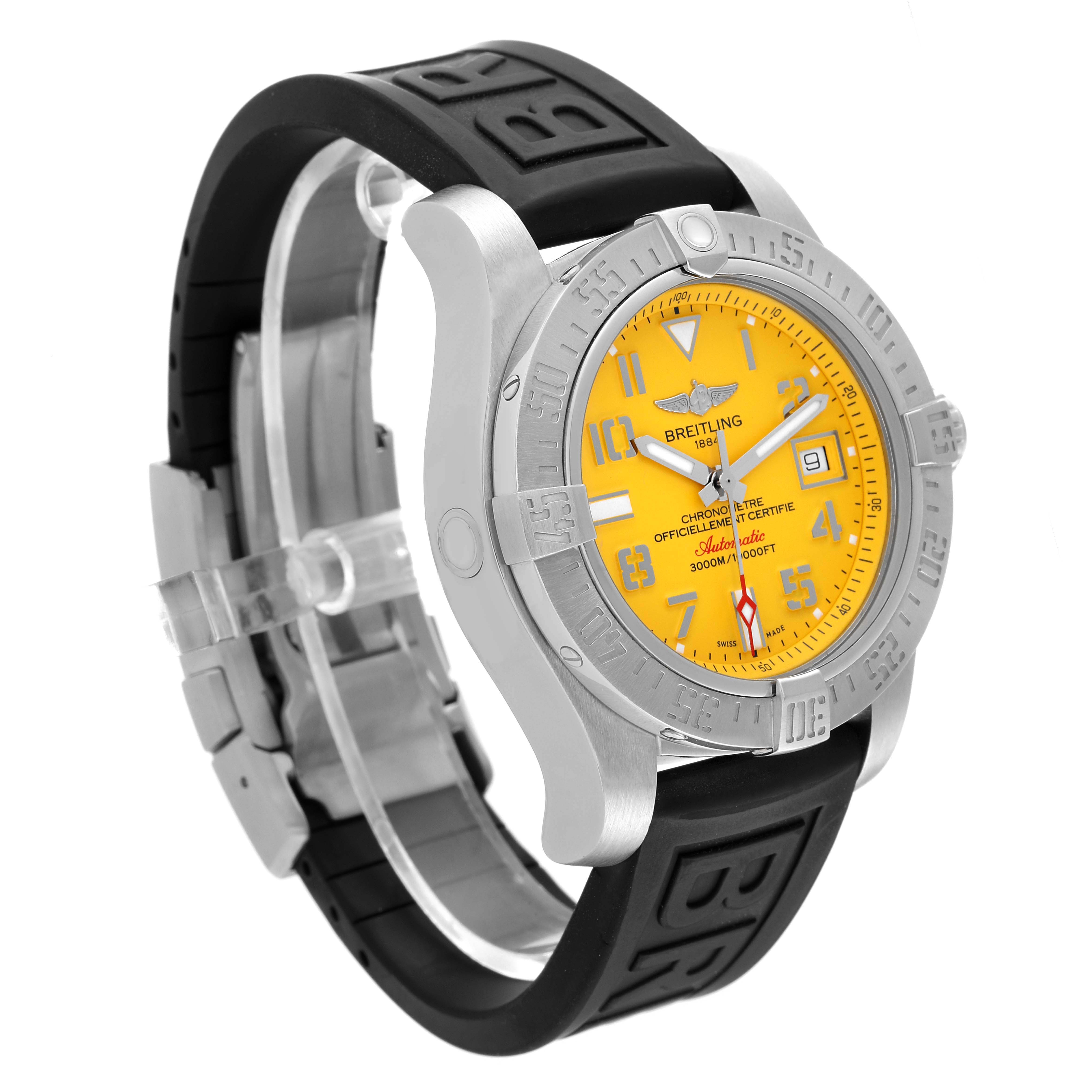 The Breitling Avenger A17331 Men's Stainless Steel Yellow Dial A17331 Men's Stainless Steel Yellow Dial watch is shown from a side angle, displaying the yellow dial, bezel, and black rubber strap.