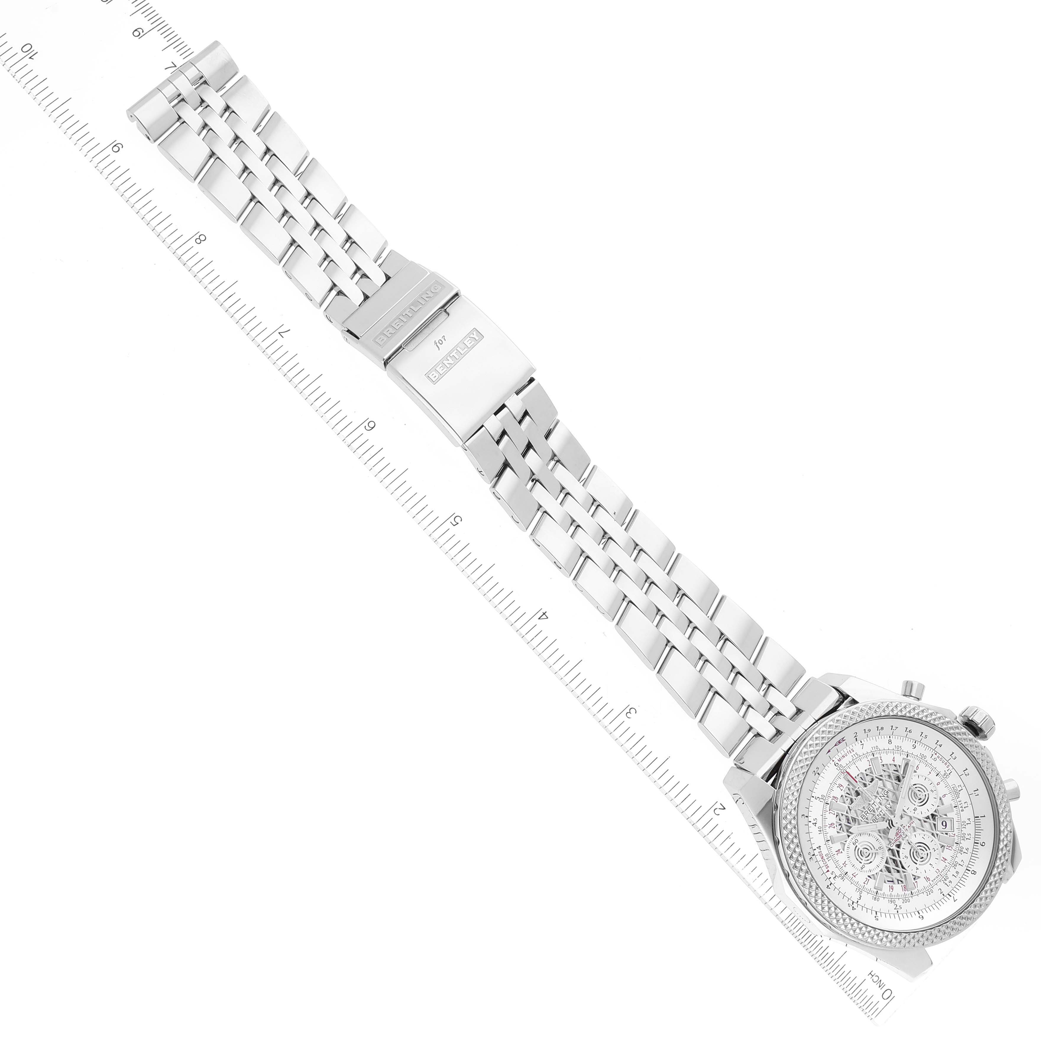 The image shows a Breitling Bentley AB0611 Men's Stainless Steel Silver Dial AB0611 Men's Stainless Steel Silver Dial watch, fully extended with the face and metal bracelet visible, measured alongside a ruler.