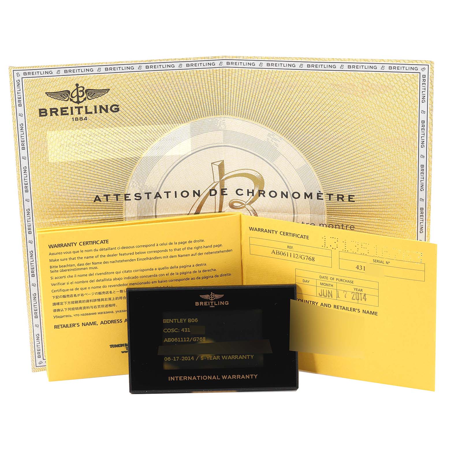 The image shows the warranty certificates and international warranty card for a Bentley model by Breitling.