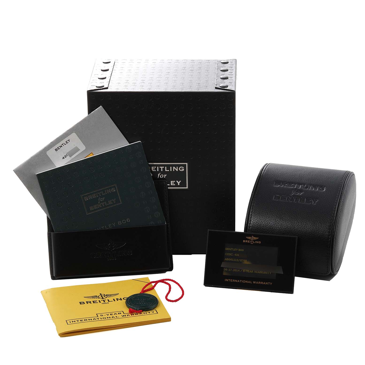 The image shows the packaging and accessories for a Breitling Bentley AB0611 Men's Stainless Steel Silver Dial AB0611 Men's Stainless Steel Silver Dial model watch, including a box, manuals, and a warranty card.