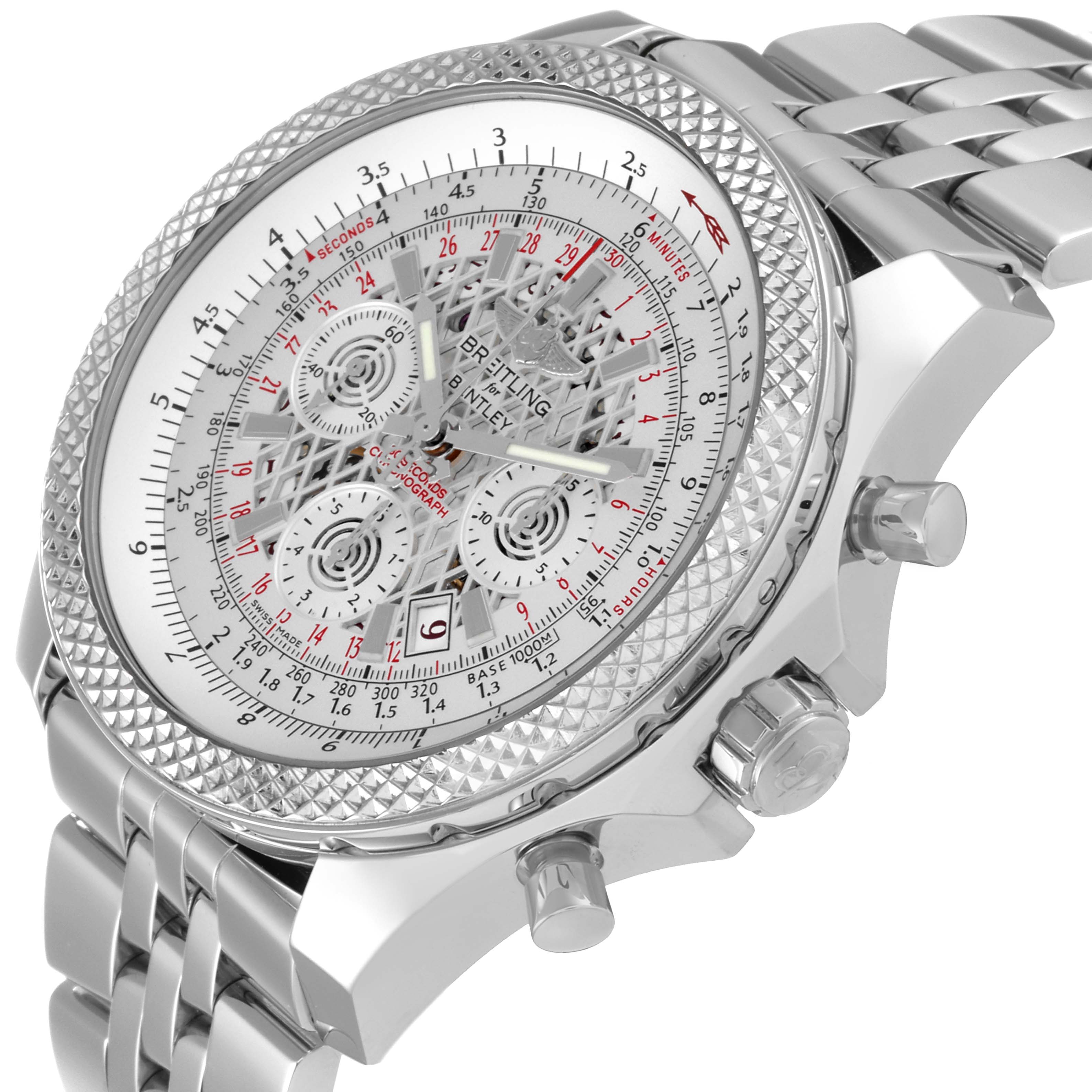 The image shows a side angle of the Bentley model by Breitling, highlighting the face, bezel, crown, and stainless steel bracelet.