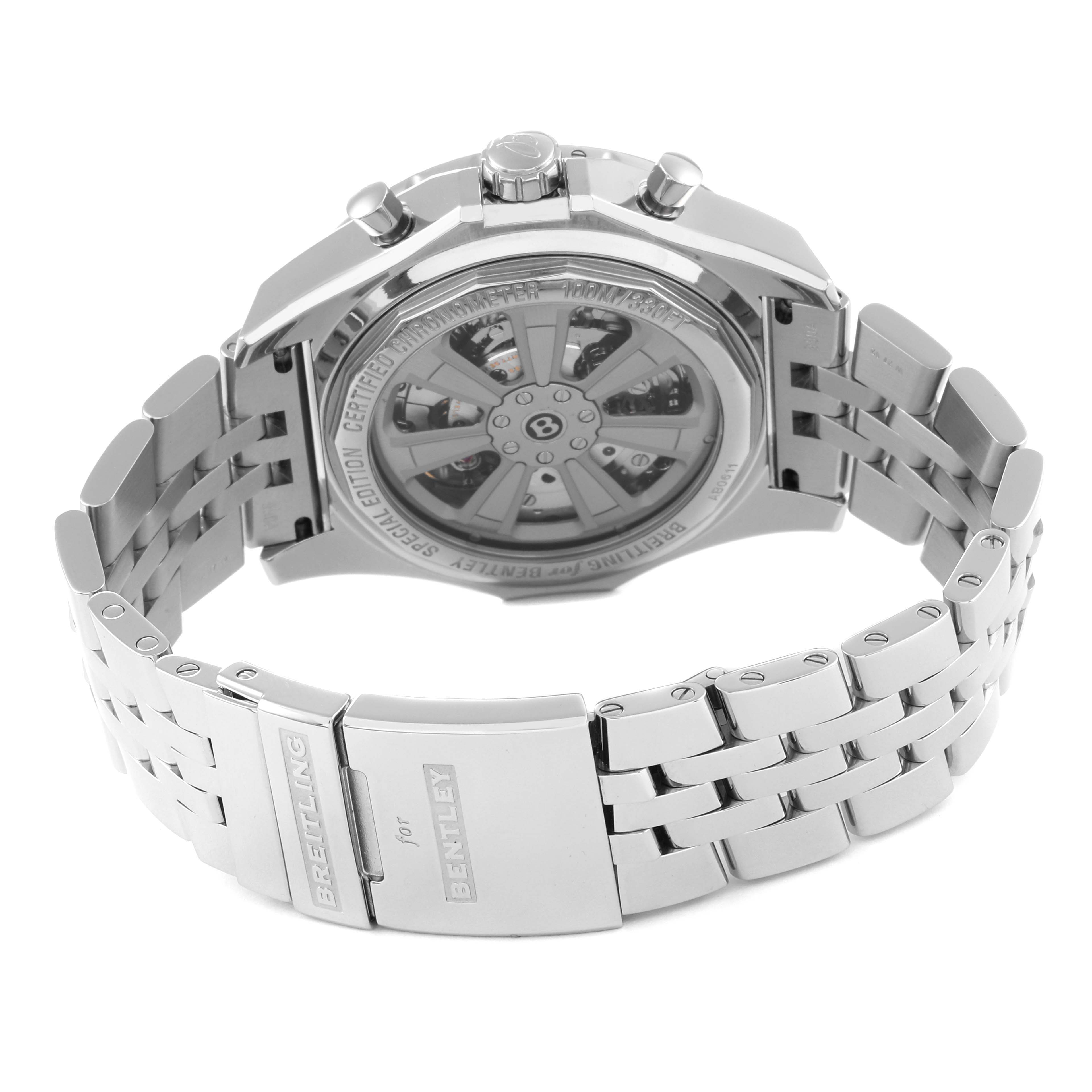 The image shows the back case and bracelet of a Breitling Bentley AB0611 Men's Stainless Steel Silver Dial AB0611 Men's Stainless Steel Silver Dial watch at an angled rear view.