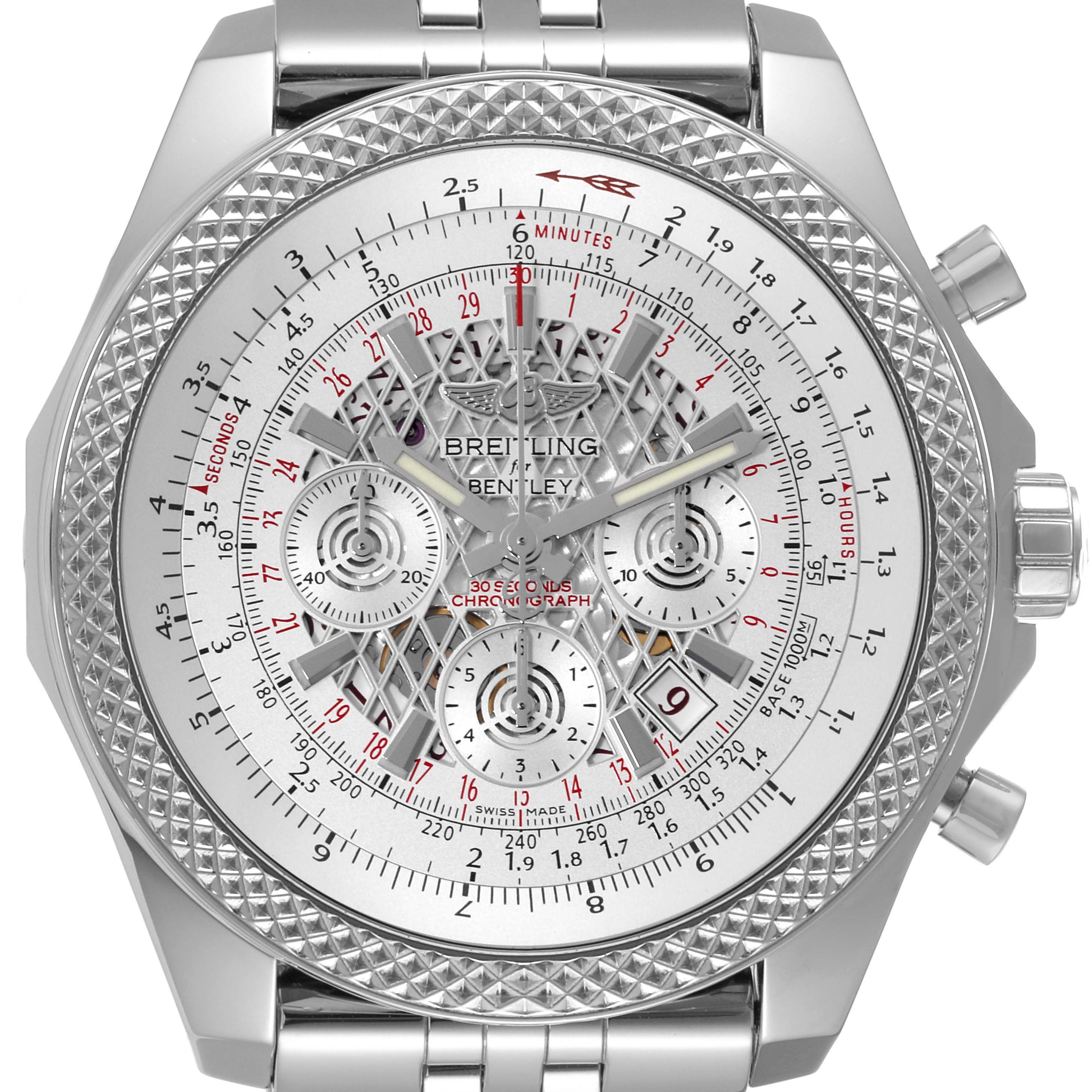 The Bentley model by Breitling is shown from the front, displaying the face, bezel, and part of the bracelet.