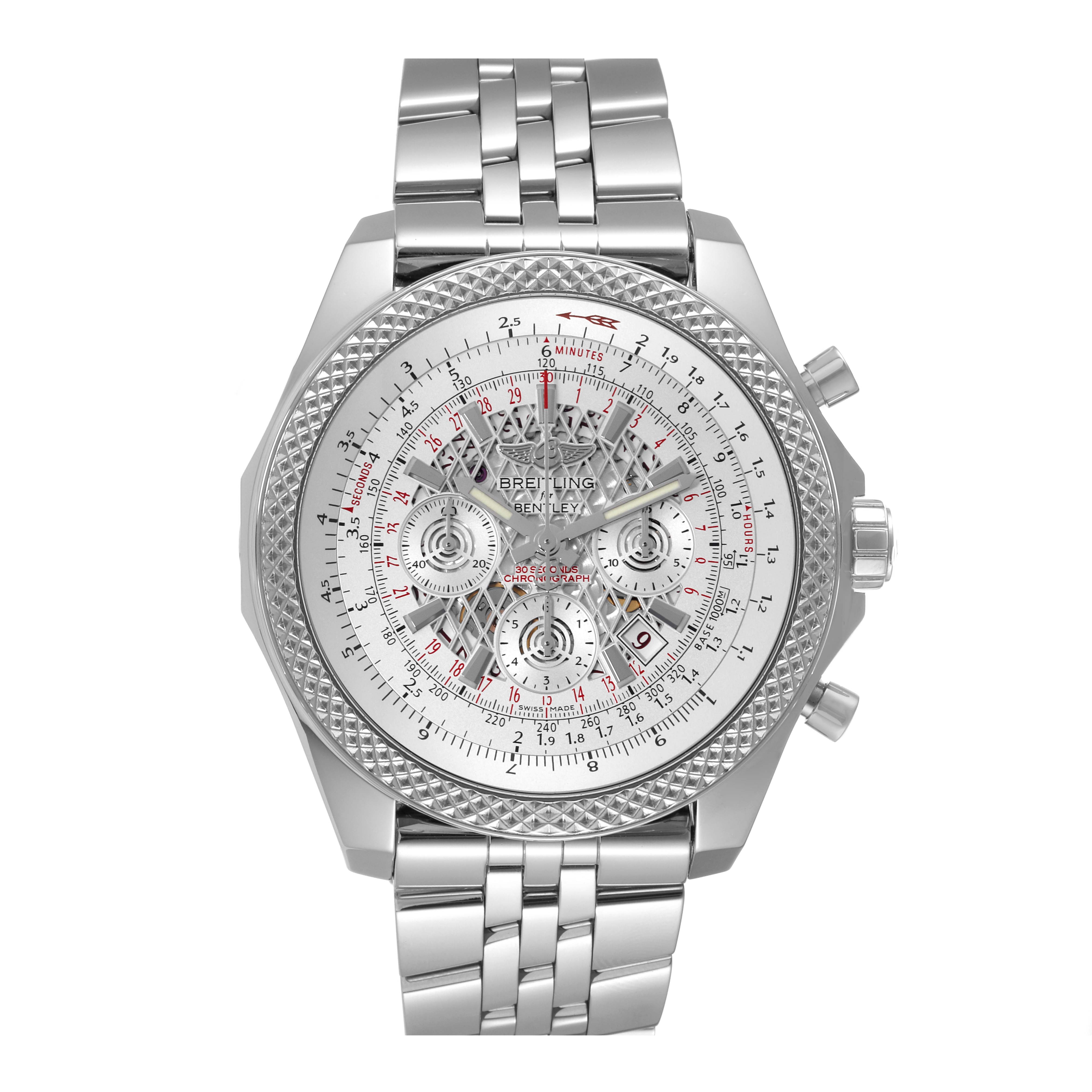This image shows a front view of a Breitling Bentley AB0611 Men's Stainless Steel Silver Dial AB0611 Men's Stainless Steel Silver Dial watch, highlighting its dial, bezel, and metal bracelet.