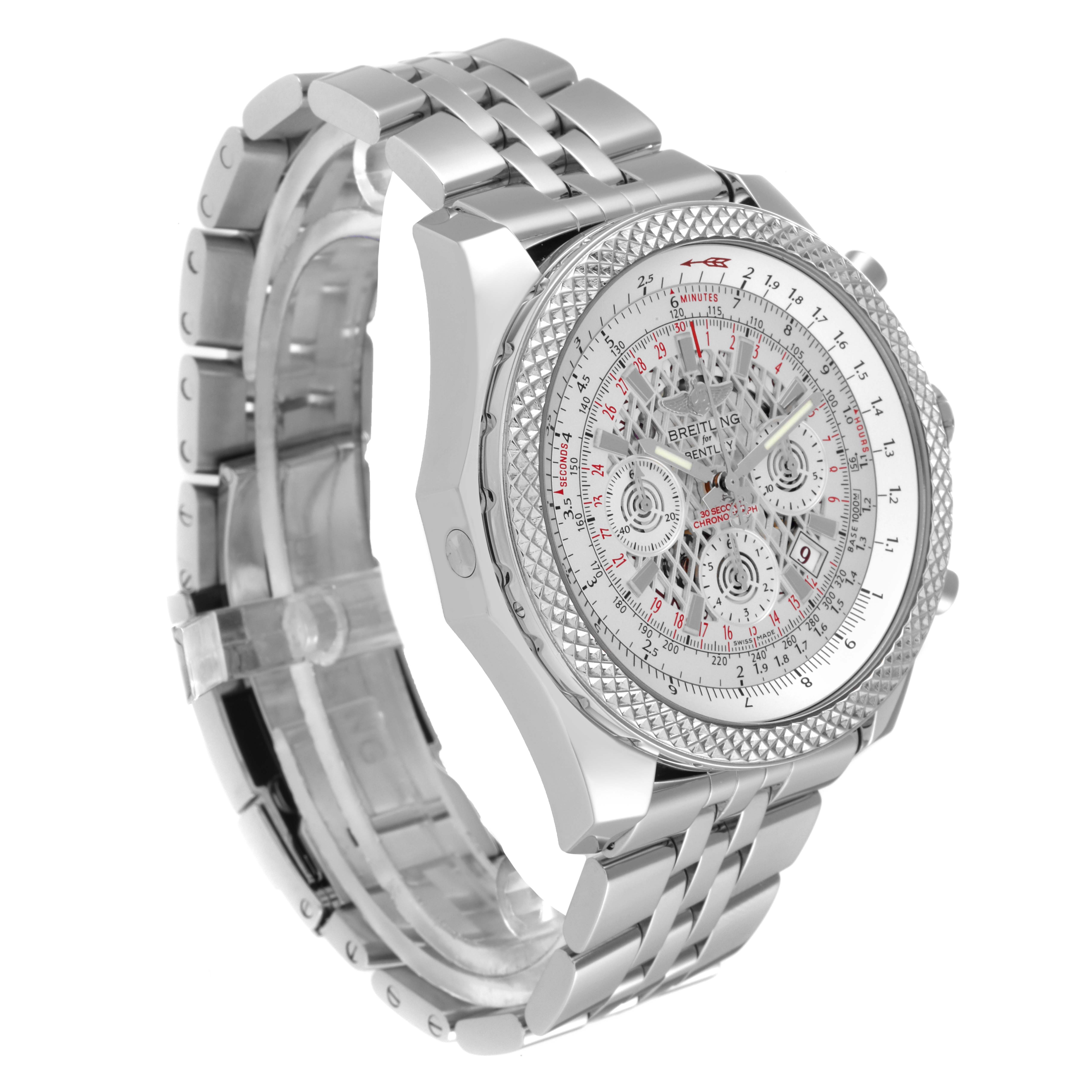 The image shows a Breitling Bentley AB0611 Men's Stainless Steel Silver Dial AB0611 Men's Stainless Steel Silver Dial watch at a three-quarter angle, highlighting its face, bezel, and metal bracelet.