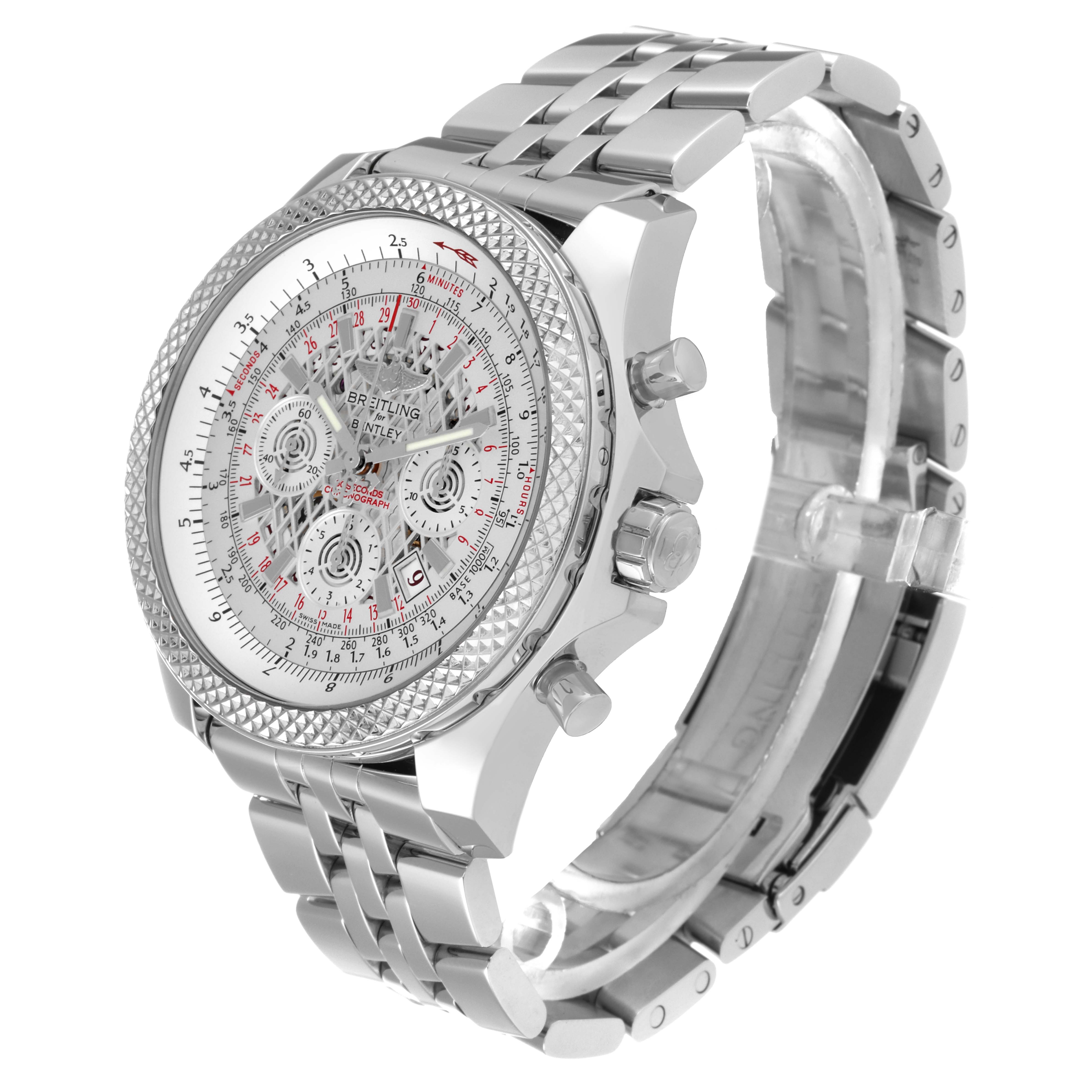This image shows a side angle of the Breitling Bentley AB0611 Men's Stainless Steel Silver Dial AB0611 Men's Stainless Steel Silver Dial watch, highlighting the dial, bezel, and bracelet.