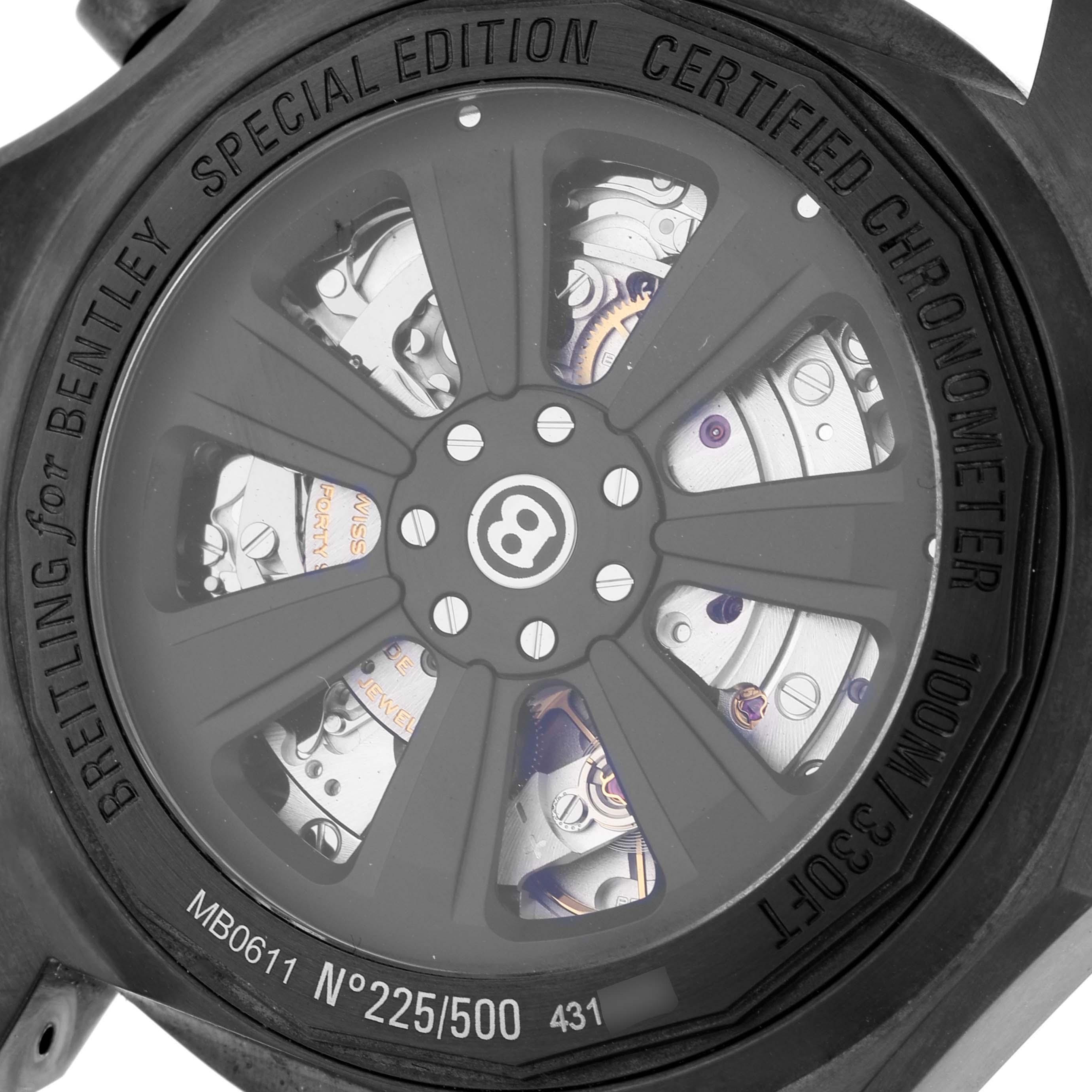 The image shows the back case of a Breitling Bentley MB0611 Men's Stainless Steel Mother of Pearl Dial MB0611 Men's Stainless Steel Mother of Pearl Dial watch, displaying the special edition markings and part of the internal mechanisms.