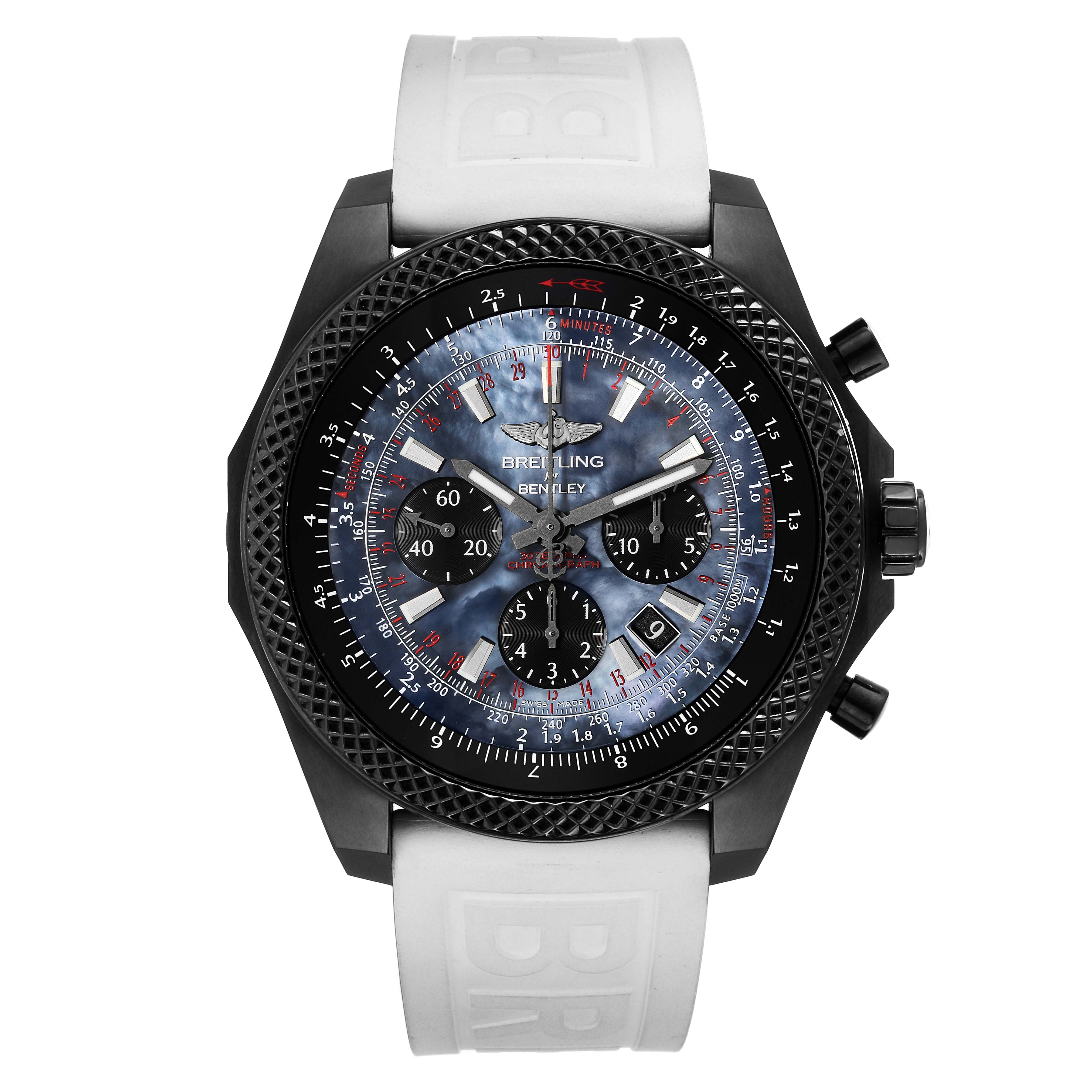 The image shows a front view of the Breitling Bentley MB0611 Men's Stainless Steel Mother of Pearl Dial MB0611 Men's Stainless Steel Mother of Pearl Dial watch, featuring its face, bezel, and white strap.