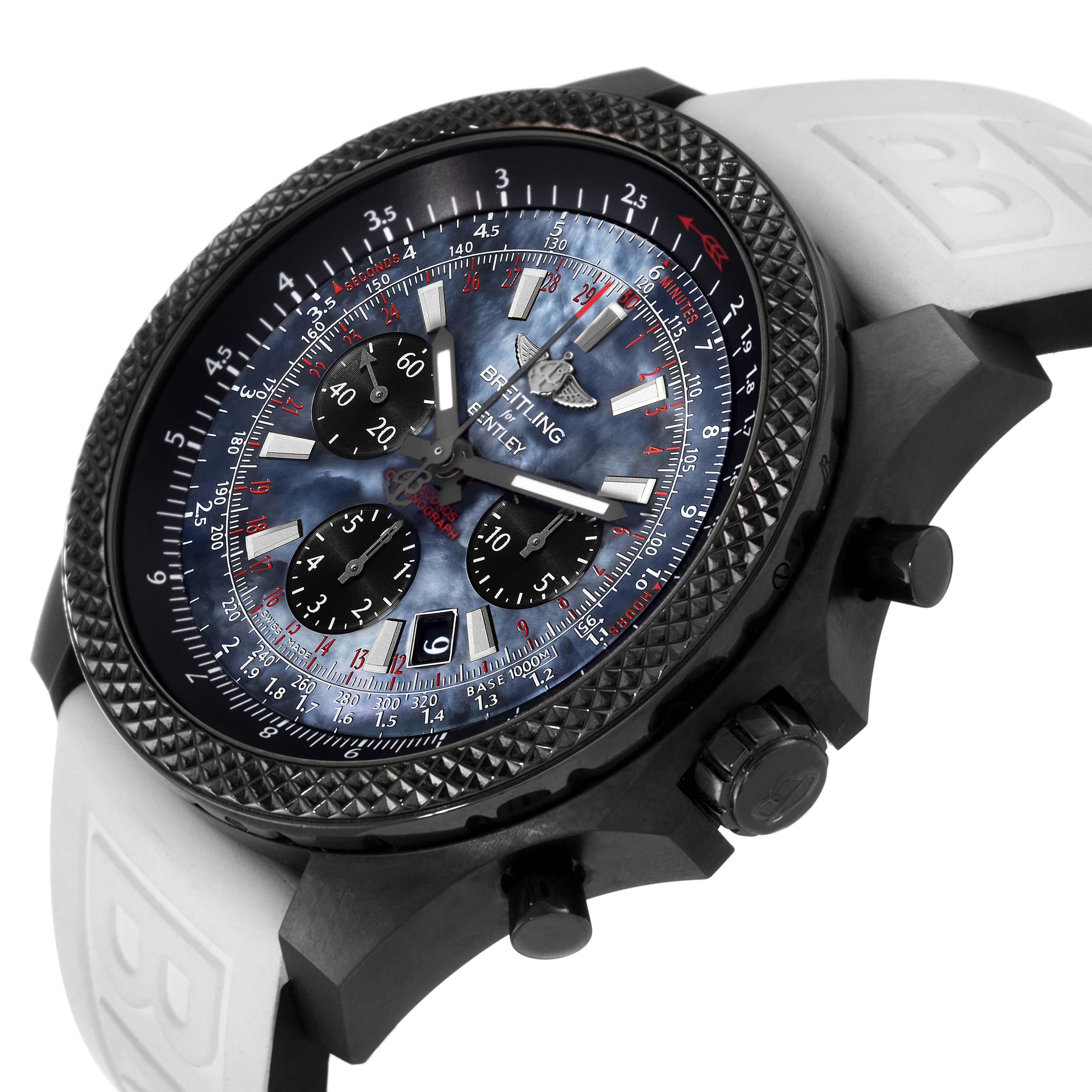 This image shows a side and partial front view of a Breitling Bentley MB0611 Men's Stainless Steel Mother of Pearl Dial MB0611 Men's Stainless Steel Mother of Pearl Dial watch, highlighting its dial, bezel, and pushers.