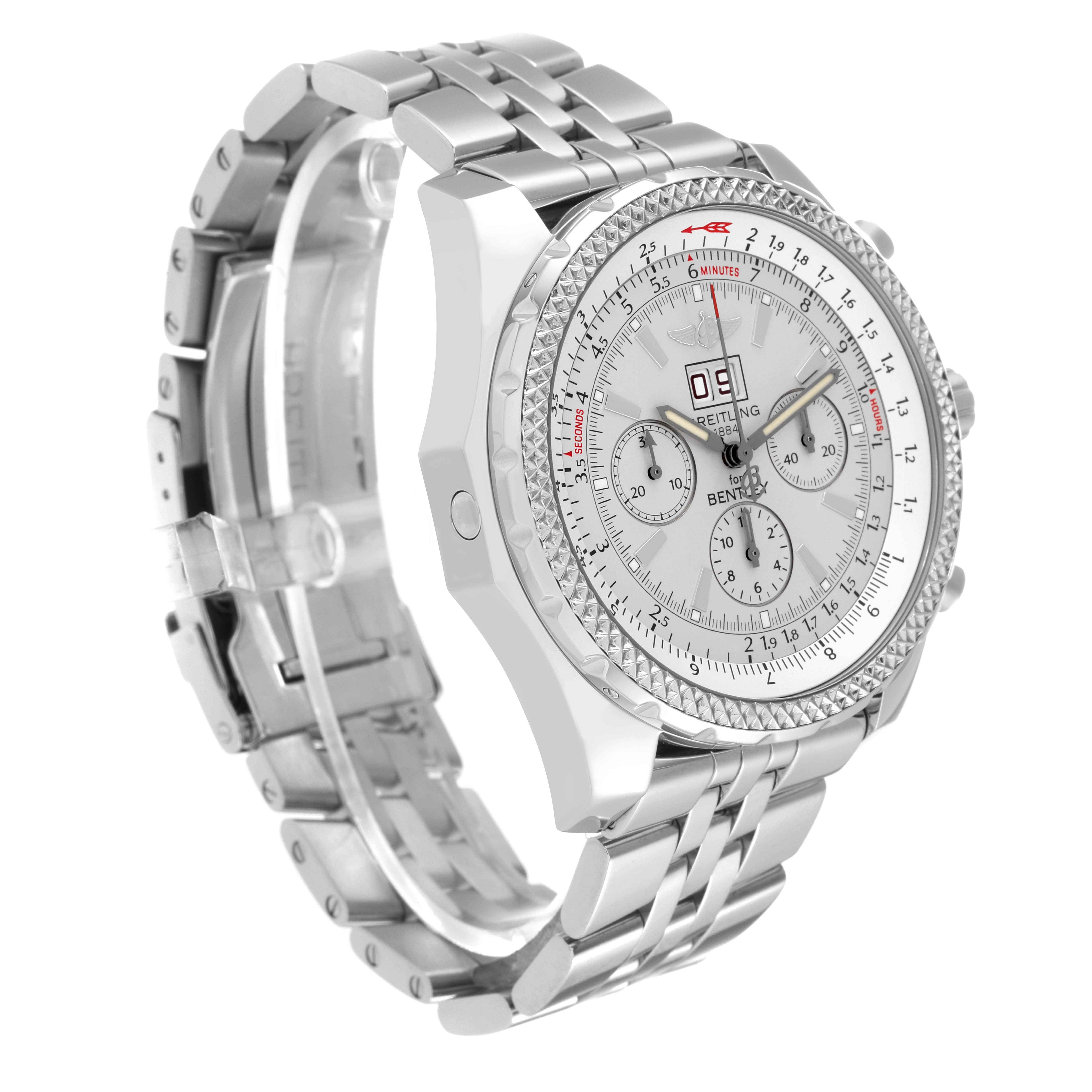 This image shows a side angle of the Breitling Bentley A44362 Men's Stainless Steel Silver Dial A44362 Men's Stainless Steel Silver Dial watch, highlighting its stainless steel bracelet and dial.