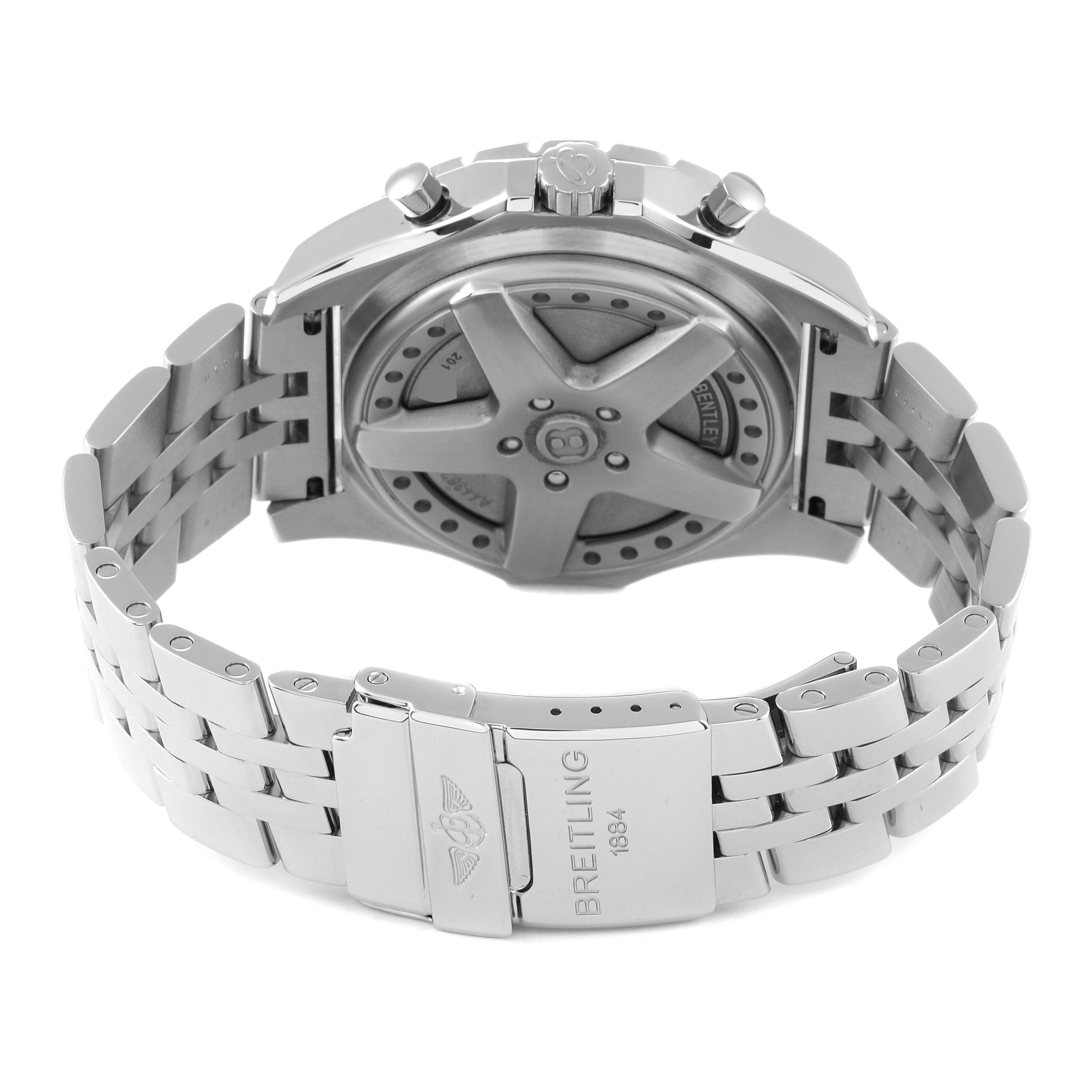 This image shows the back case and bracelet of a Breitling Bentley A44362 Men's Stainless Steel Silver Dial A44362 Men's Stainless Steel Silver Dial watch, highlighting the clasp and case details.