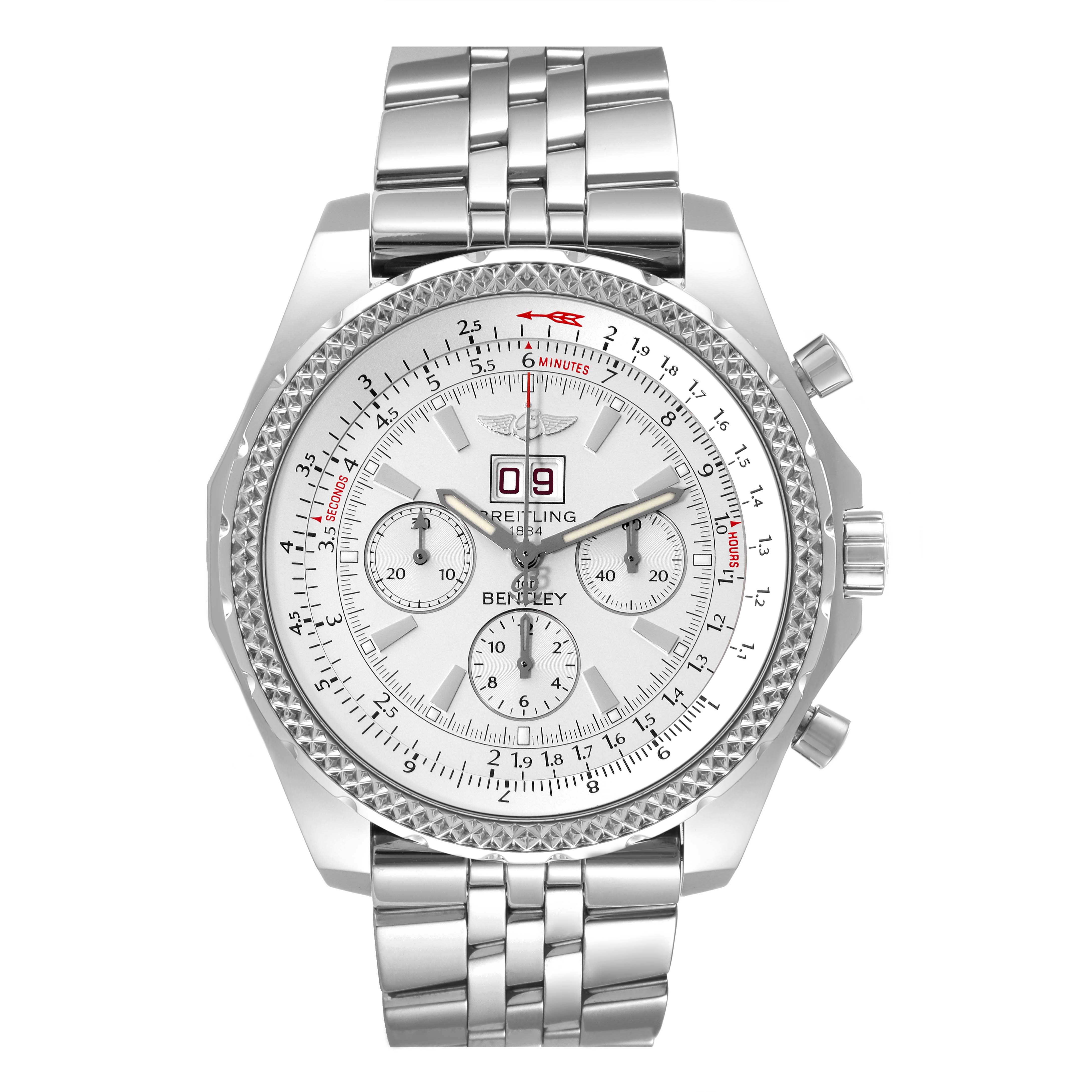 The image shows a front view of a Breitling Bentley A44362 Men's Stainless Steel Silver Dial A44362 Men's Stainless Steel Silver Dial watch, displaying its face and metal bracelet.