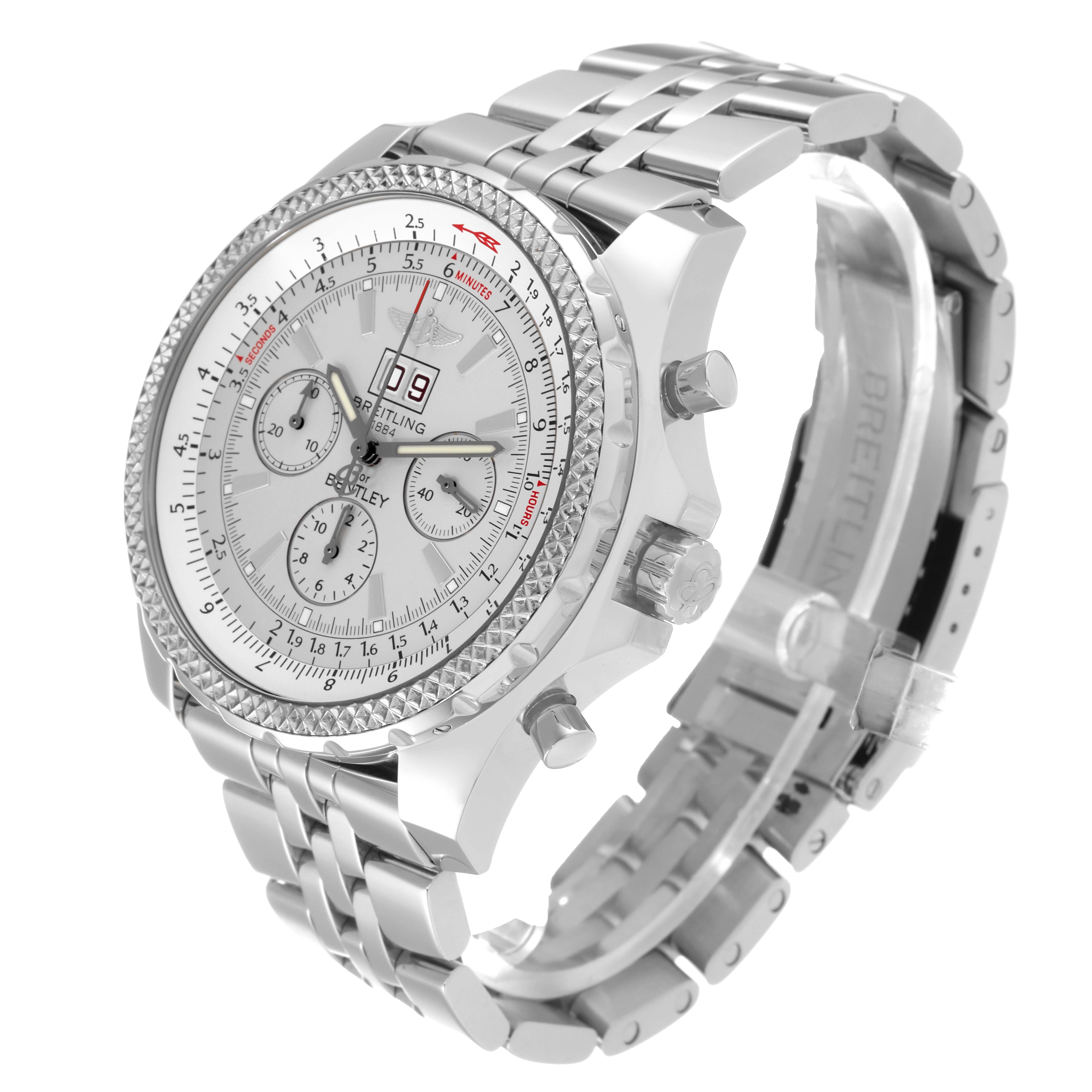 The image shows a side-angle view of the Breitling Bentley A44362 Men's Stainless Steel Silver Dial A44362 Men's Stainless Steel Silver Dial model watch, showcasing the dial, bezel, pushers, and metal bracelet.