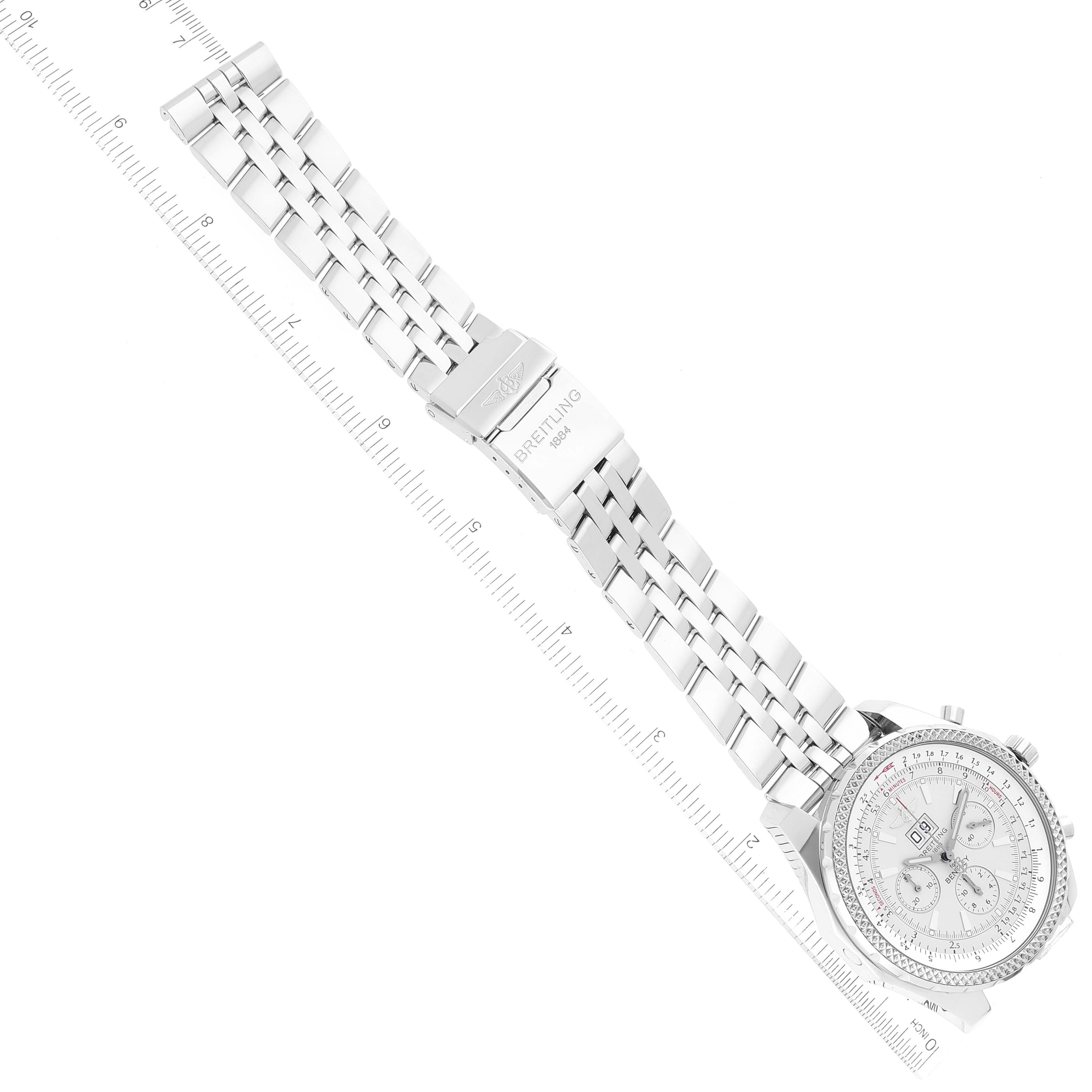 The image displays a Breitling Bentley A44362 Men's Stainless Steel Silver Dial A44362 Men's Stainless Steel Silver Dial watch laid flat with a view of the watch face, bracelet, and clasp.