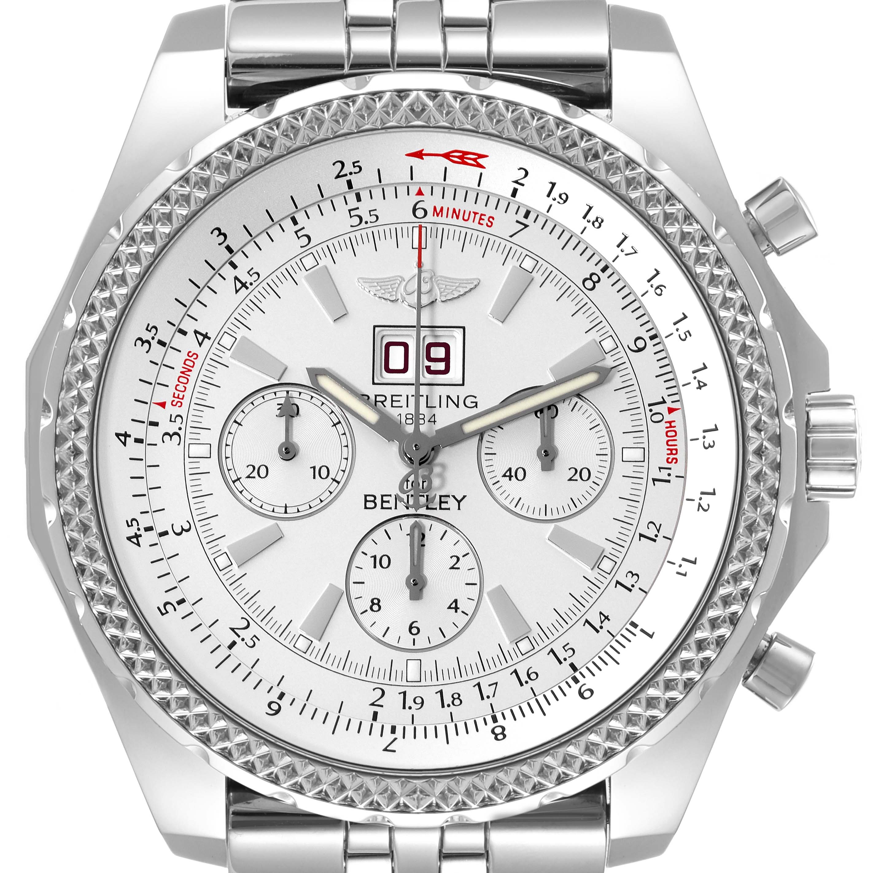 The image features a front view of the Breitling Bentley A44362 Men's Stainless Steel Silver Dial A44362 Men's Stainless Steel Silver Dial watch, showcasing its face, dials, bezel, and part of the bracelet.