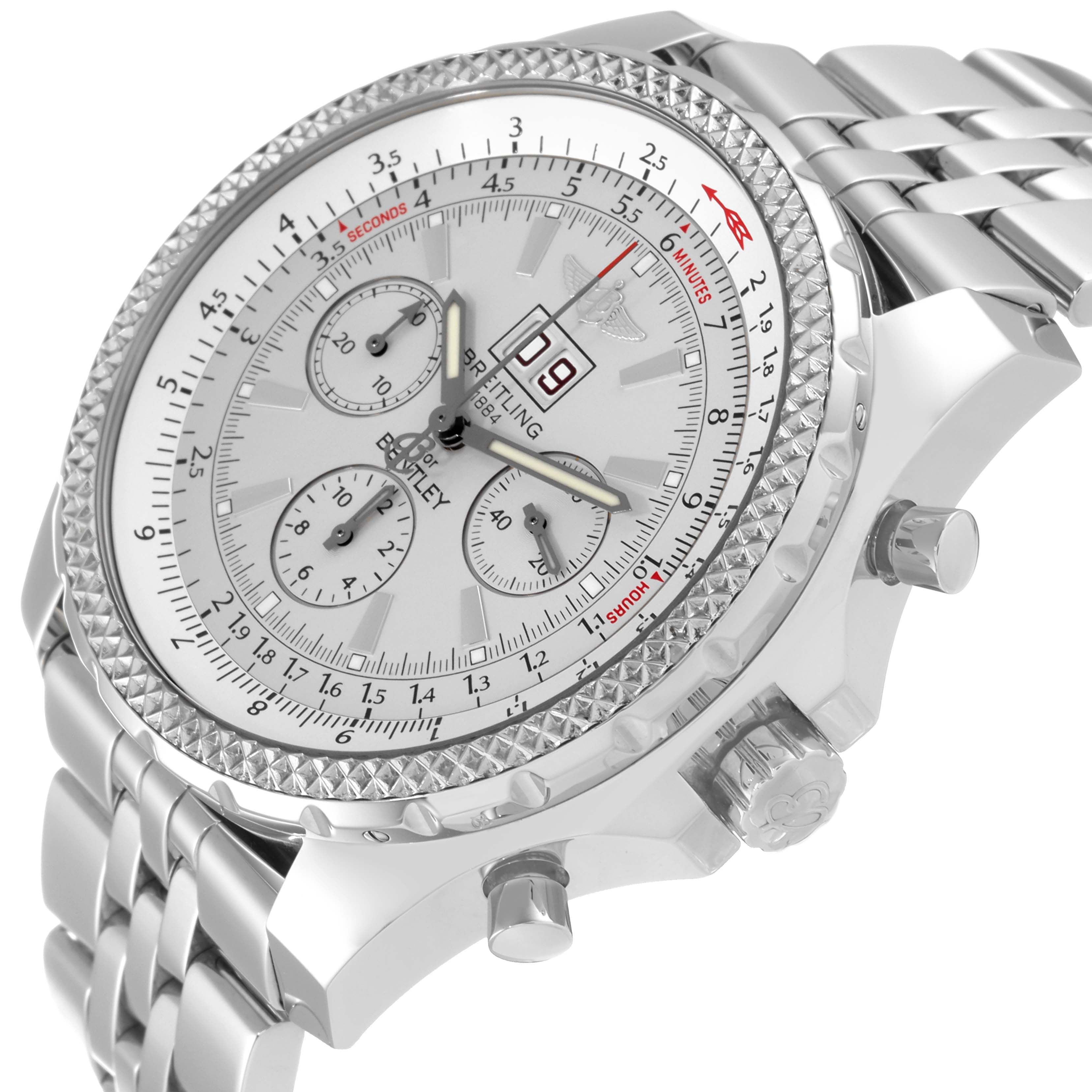 The image features a Breitling Bentley A44362 Men's Stainless Steel Silver Dial A44362 Men's Stainless Steel Silver Dial model watch at a side angle, showing the face, bezel, crown, and part of the bracelet.
