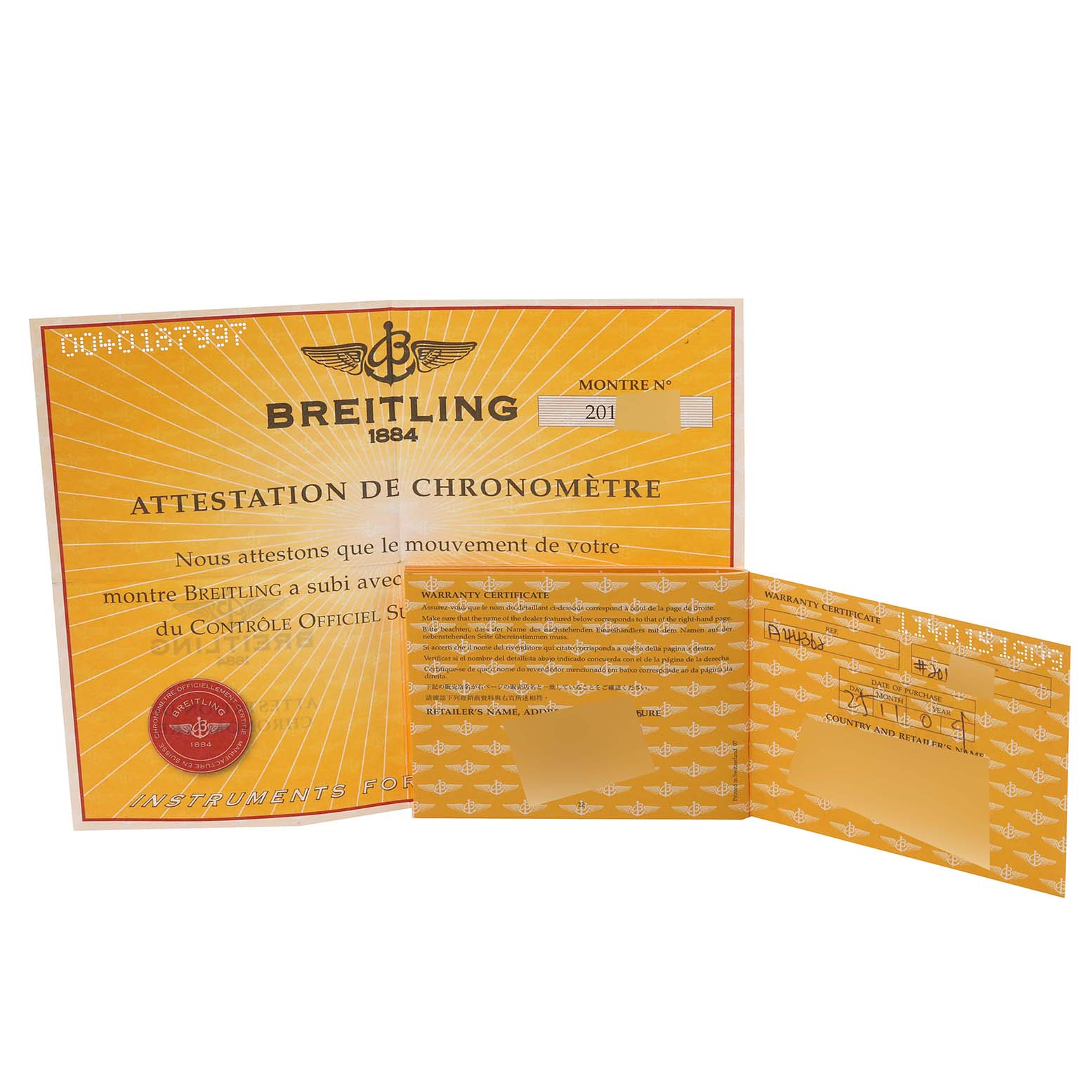 This image shows the certificate of authenticity and warranty card for a Breitling Bentley A44362 Men's Stainless Steel Silver Dial A44362 Men's Stainless Steel Silver Dial watch.