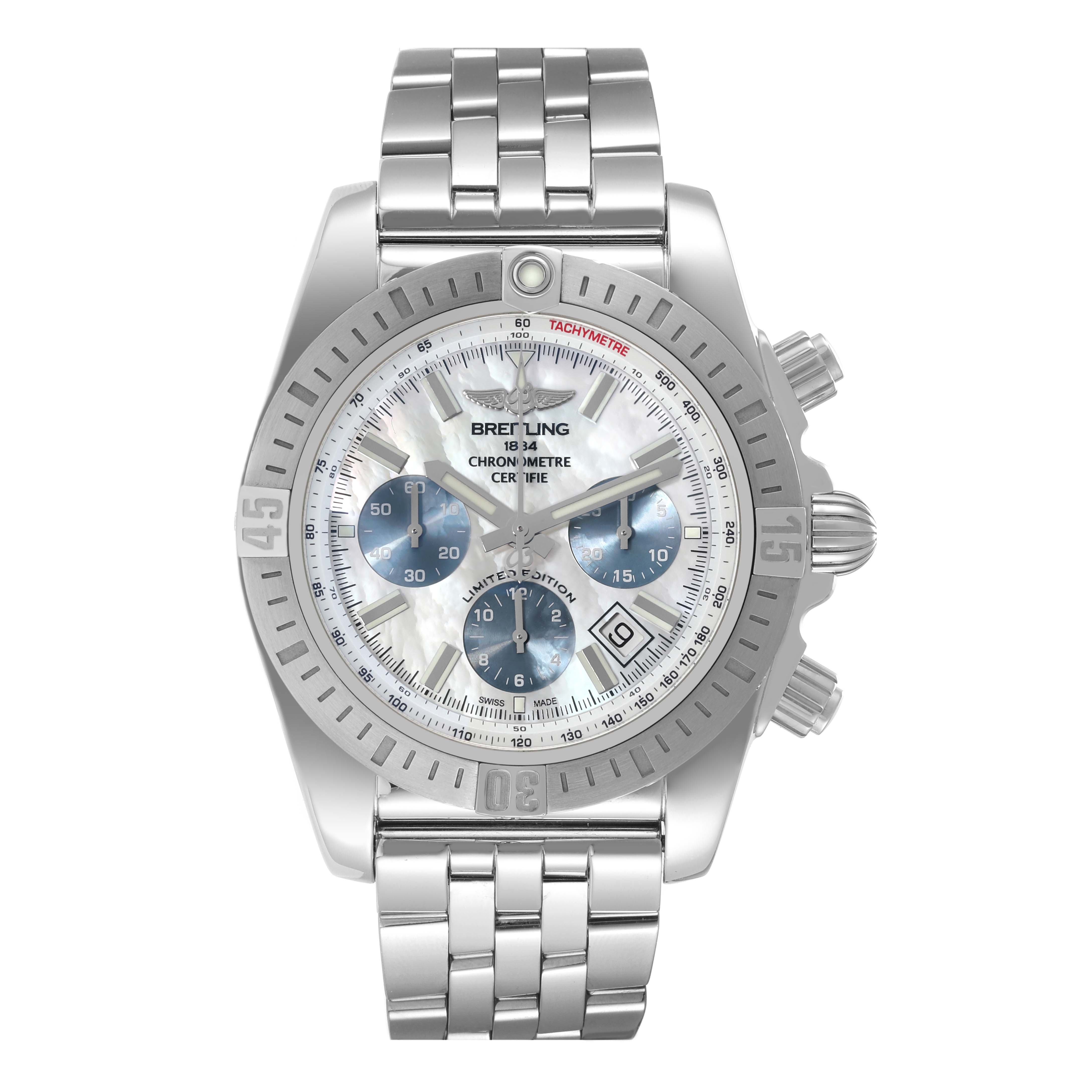 This image shows a Breitling Chronomat AB0115 Men's Stainless Steel Mother of Pearl Dial AB0115 Men's Stainless Steel Mother of Pearl Dial watch with a detailed view of its face, bezel, and metal bracelet in a top-down angle.