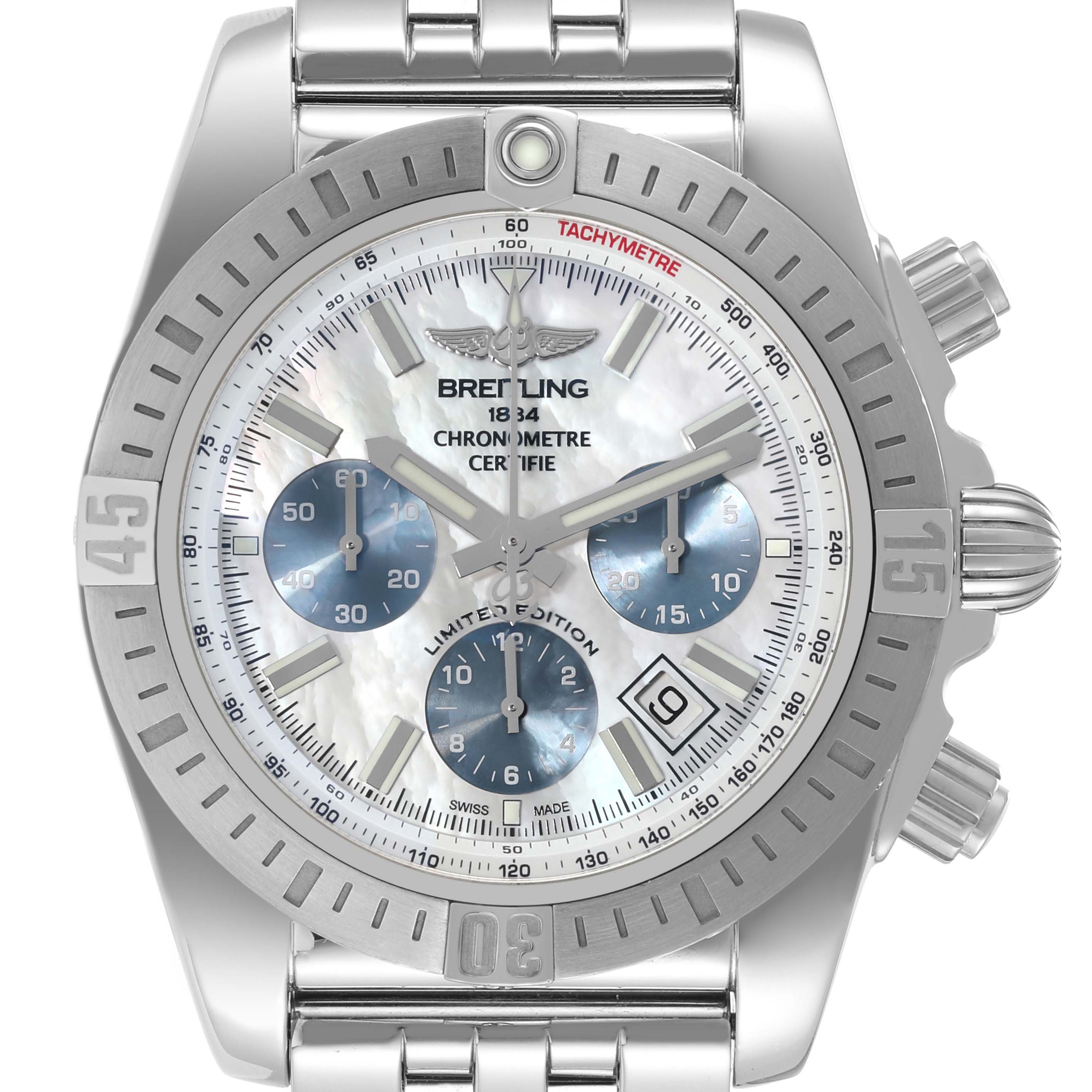 The image shows a front view of the Breitling Chronomat AB0115 Men's Stainless Steel Mother of Pearl Dial AB0115 Men's Stainless Steel Mother of Pearl Dial watch, displaying its face, bezel, subdials, and metal bracelet.