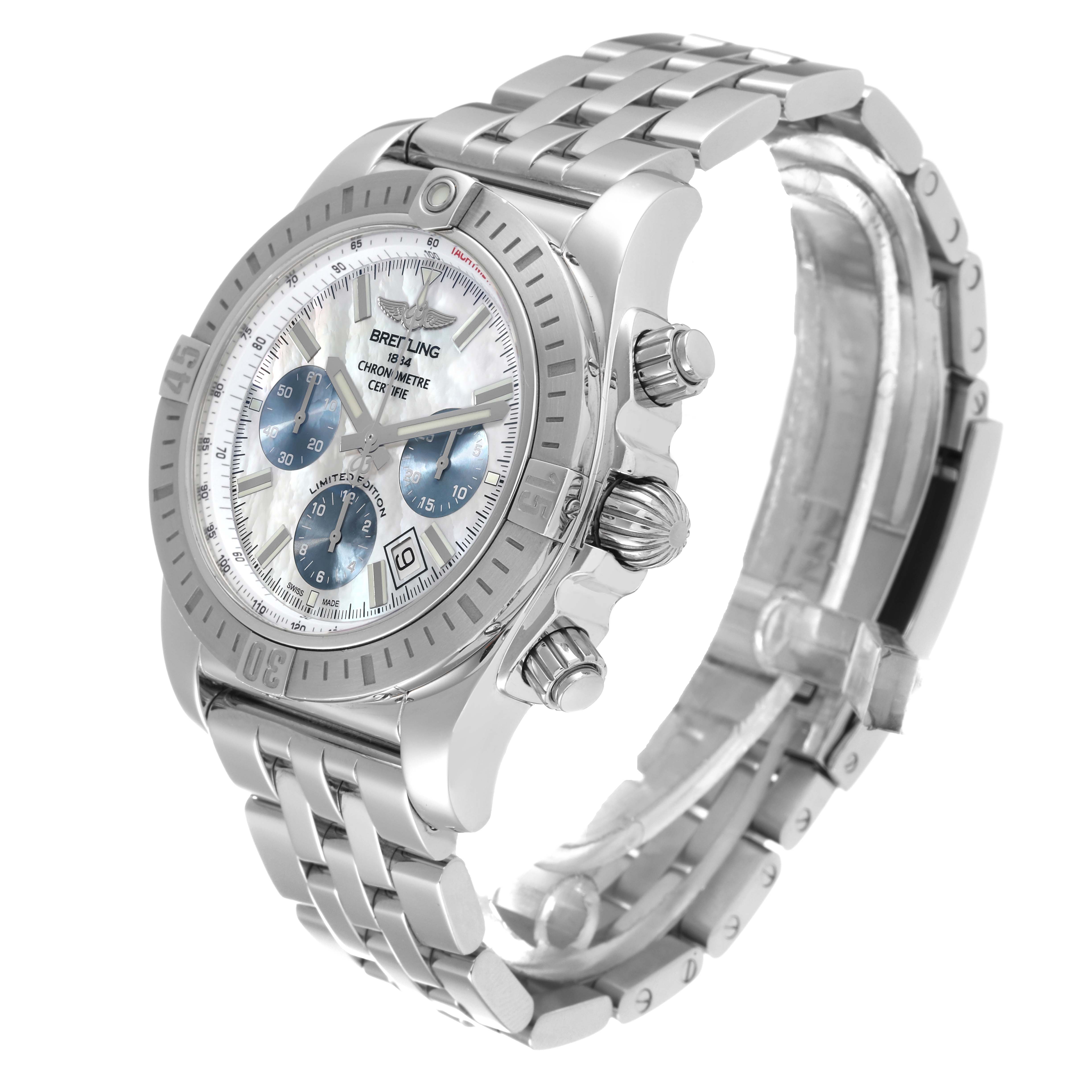 The image shows a Breitling Chronomat AB0115 Men's Stainless Steel Mother of Pearl Dial AB0115 Men's Stainless Steel Mother of Pearl Dial watch at an angle displaying the dial, bezel, crown, pushers, and metal bracelet.