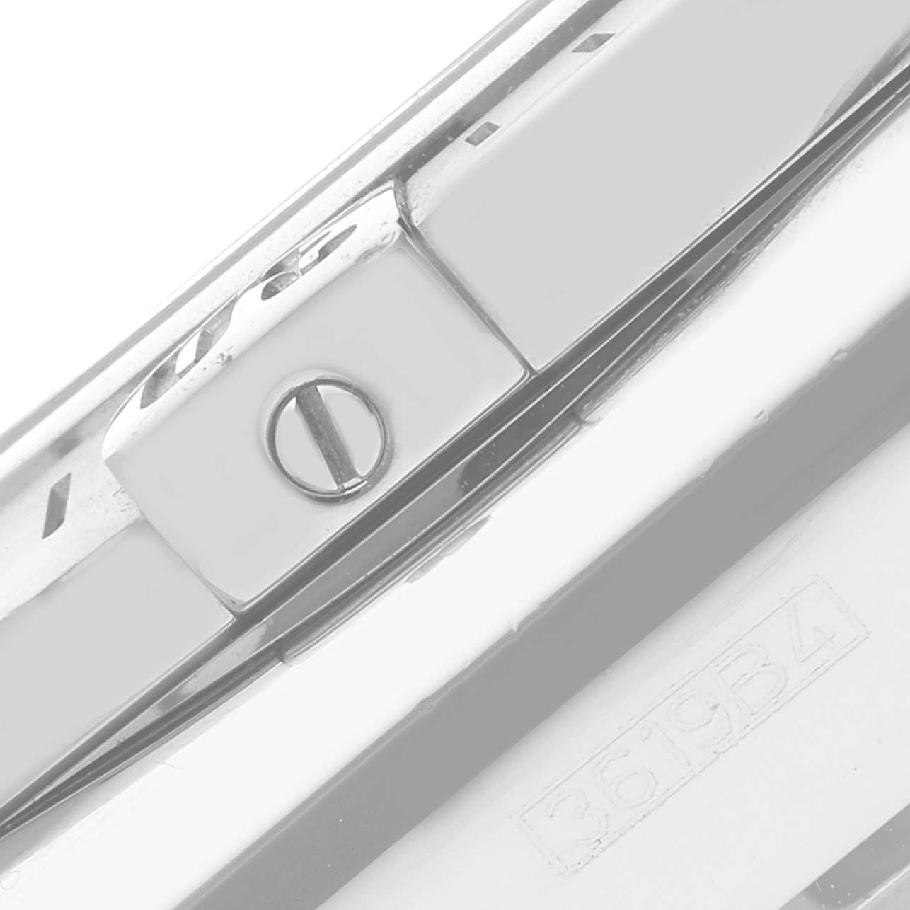 This close-up shows the side profile and part of the clasp of a Breitling Chronomat AB0115 Men's Stainless Steel Mother of Pearl Dial AB0115 Men's Stainless Steel Mother of Pearl Dial watch.