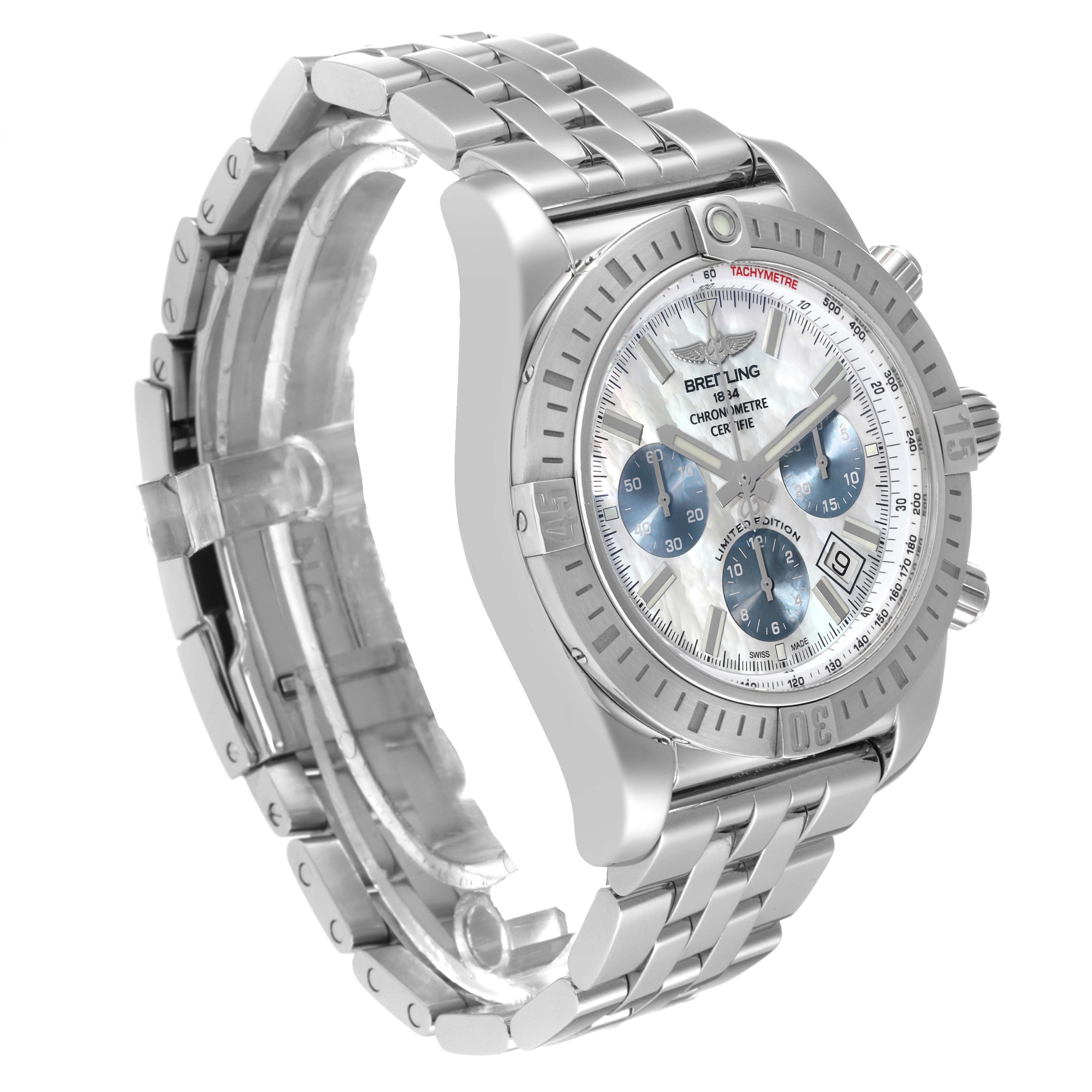 The image shows a side view of a Breitling Chronomat AB0115 Men's Stainless Steel Mother of Pearl Dial AB0115 Men's Stainless Steel Mother of Pearl Dial's case, bezel, dial with subdials, and metal bracelet.